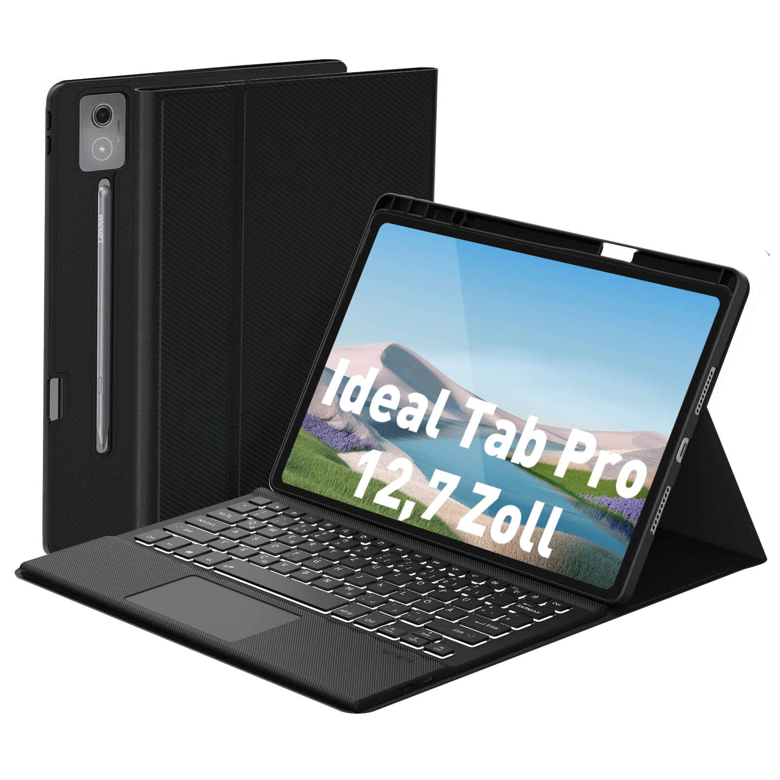 Tastatur mit Hülle für Lenovo Idea Tab Pro 2025 12.7 Zoll, Bluetooth Kabellose Tastatur mit Trackpad, Wiederaufladbar & Abnehmbar & 7 farbige Beleuchtung & QWERTZ, Schwarz