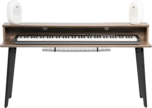 Vista 52 de Gator Frameworks Elite Series - Escritorio con teclado de 61 notas con diseño abatible y paso de cable trasero, acabado gris madera flotante