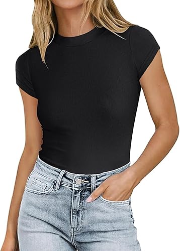 FOUGEDE Camiseta de manga larga con cuello alto falso para mujer, sin mangas, media manga, manga corta, básica, ajustada, ajustada, ajustada,