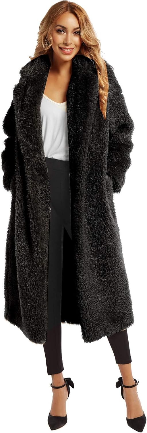 Women Faux Fur Winter Coats Comfort Warm Outerwear Open Front Long Cardigan Overcoat Jacket - Image 2