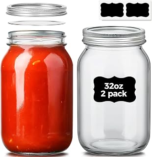 ComSaf Wide Mouth Mason Jars 32 oz Quart Canning Jars with Airtight Lids & Bands - 2 Pack Glass Storage for Pickles, Jams, Salads, Sun Tea