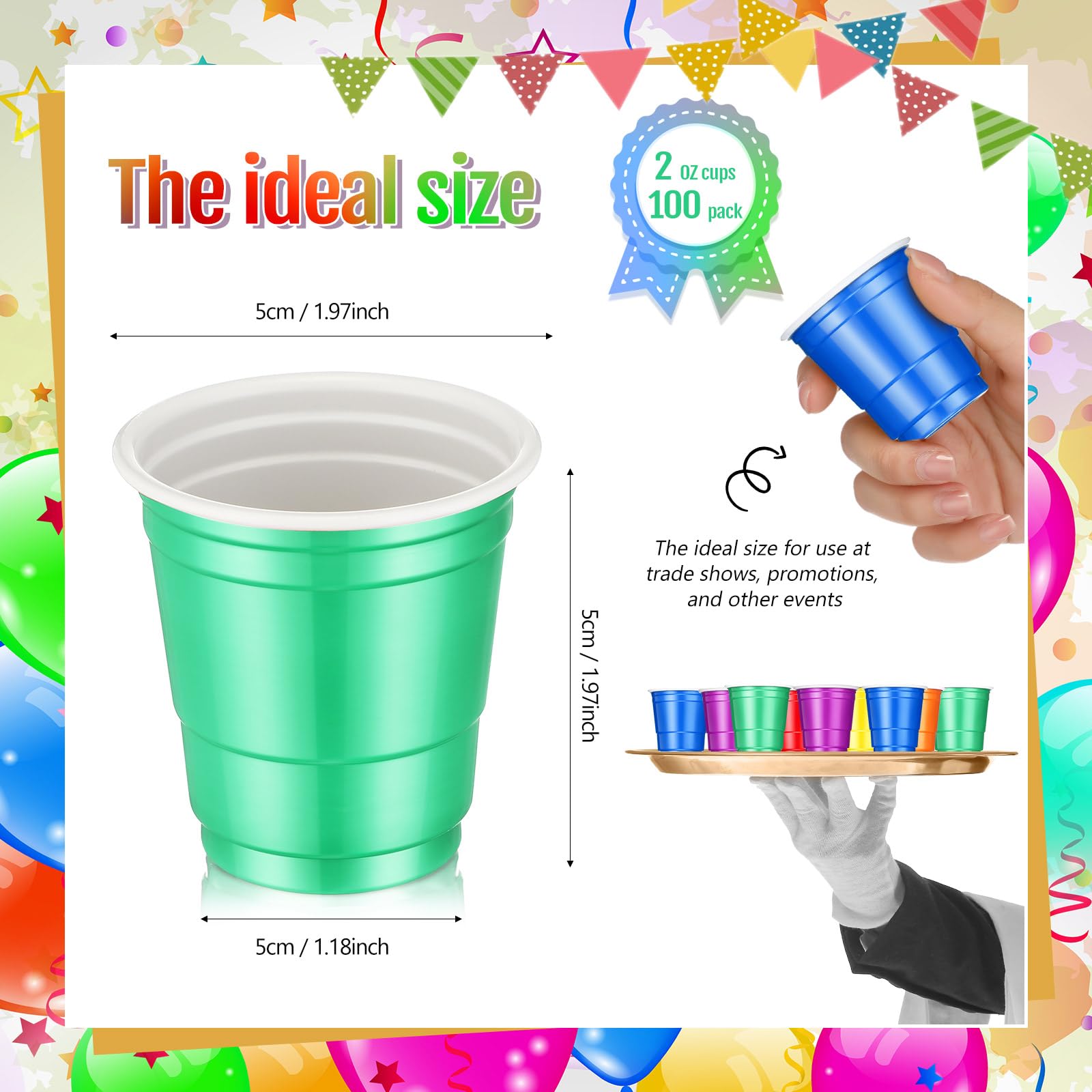 Roshtia 100 Pack 2 oz Plastic Shot Cups, Mini Disposable Shot Glasses 2 oz Party Cups for Wedding Party, Summer Beer Taste Serving, Snacks(Rainbow Colors)