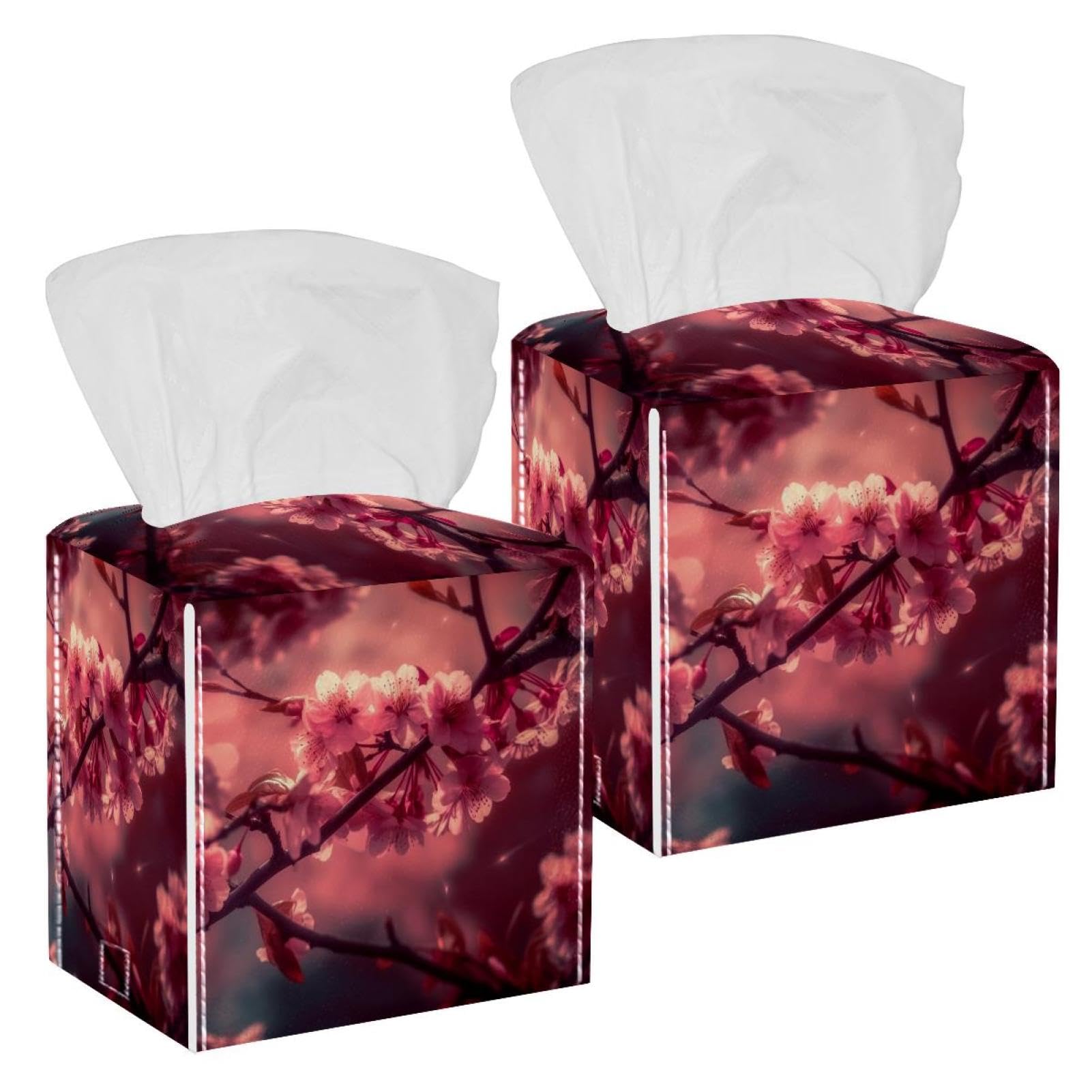 Art Cherry Blossom Tissue Box Cover, 2 Pack PU Leather Square Facial Tissue Dispenser Box holder for Home Office Car