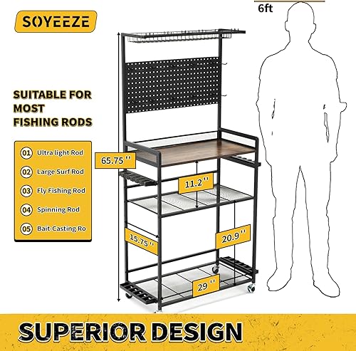 Miniatura 4 de SOYEEZE Large Size Fishing Rod Holders for Garage, Heavy Duty 4-Tier Fishing Pole Rack Holds up to 12 Rods with Pegboard and Hooks, Fishing Gear