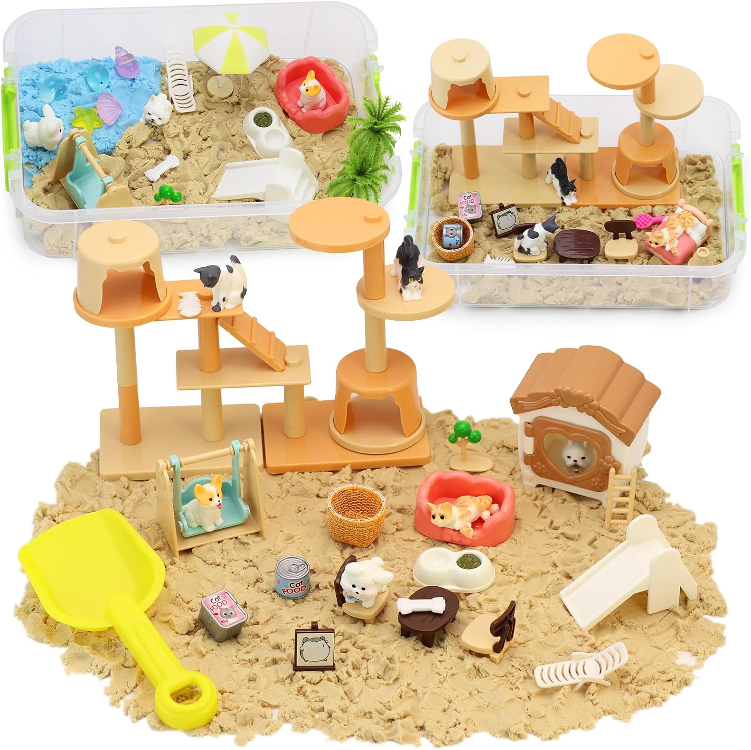 Crelloci Double-Layer Pet Magic Sand Playset, 2 Colors Magnetic Sand Sensory Bin with Cat & Dog Figures, Mess-Free Sand Toy Kit for Kids, Creative Sensory Play, Gift for Boys & Girls Age 3+