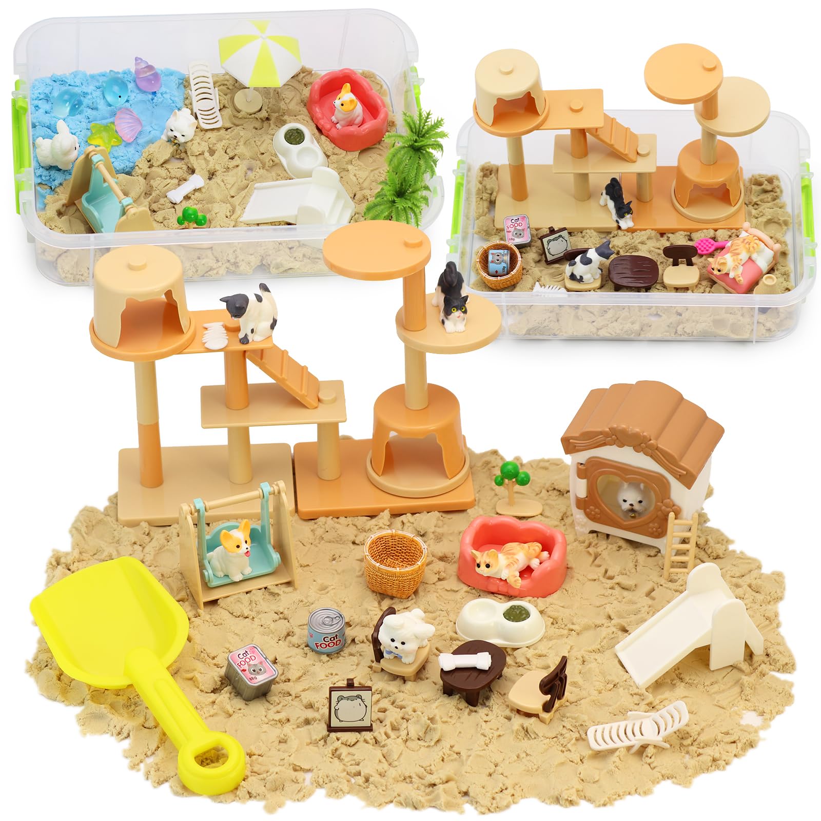 Crelloci Double-Layer Pet Magic Sand Playset, 500g Magnetic Sand Sensory Bin with Cat & Dog Figures, Mess-Free Sand Toy Kit for Kids, Creative Sensory Play, Gift for Boys & Girls Age 3+
