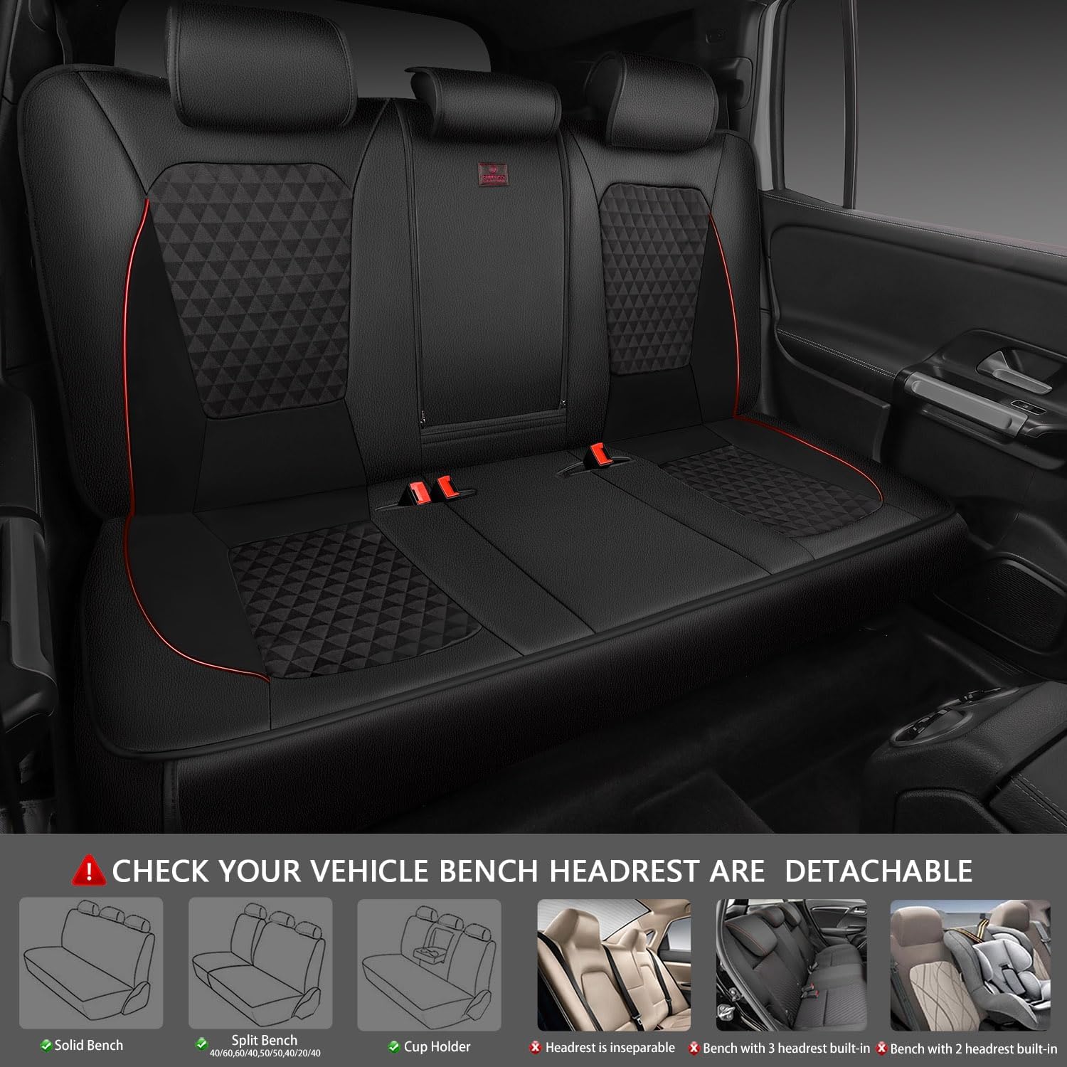 CAR PASS Leather Car Seat Covers Gel Wetsuit PU Full Set Seat Covers Waterproof EVA All Weather Neoprene Universal Fit Pickup SUV Truck Sedan Automotive, Armrest Airbag Compatible, Rhombic Red Strip