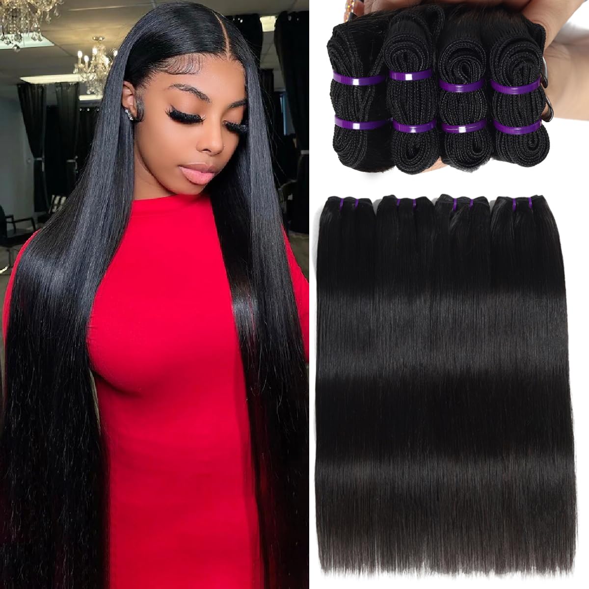 Aelinsi Brazilian Straight Human Hair Bundles (24 26 28 30 inch) 16A Grade 100% Unprocessed Virgin Hair Straight 3 Bundles Real Raw Hair Extensions Full and Thick Hair Bundles for Women Natural Color