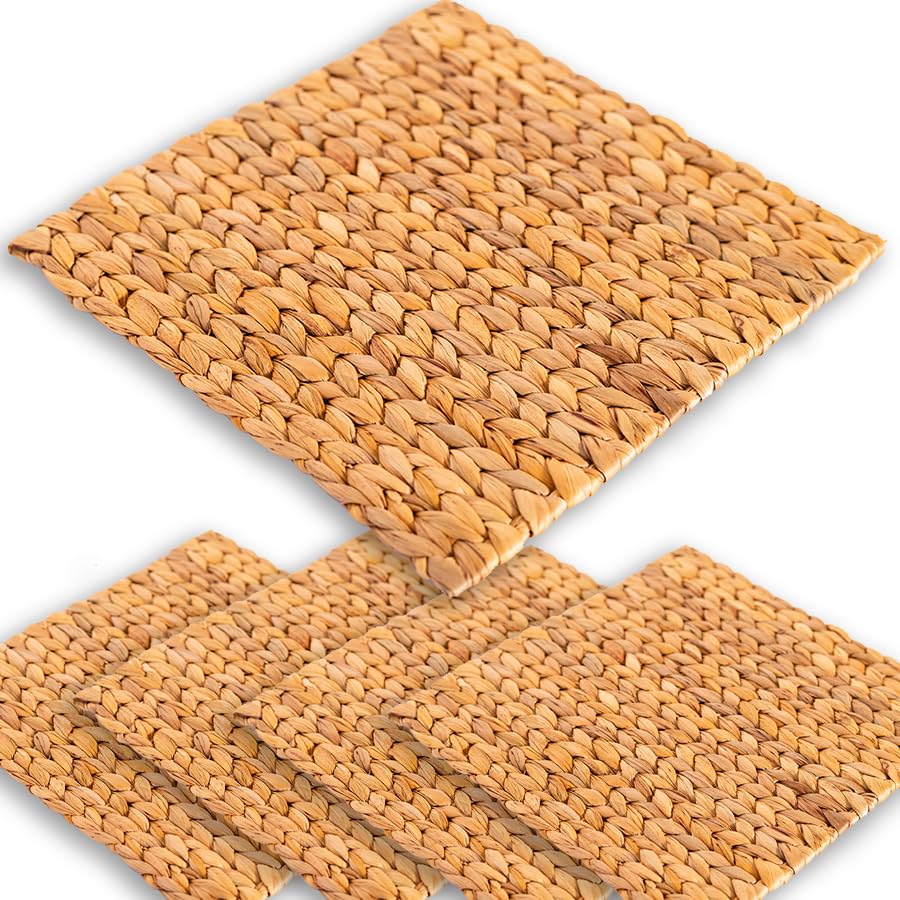 Water Hyacinth Square Placemats Set Of 4, Boho Woven Placemats Set Of 4, Plate Chargers, Place Mats Indoor Set Of 4, Individuales Para Mesa De Comedor, 11.8 Inch (30cm_Square_Set 4)