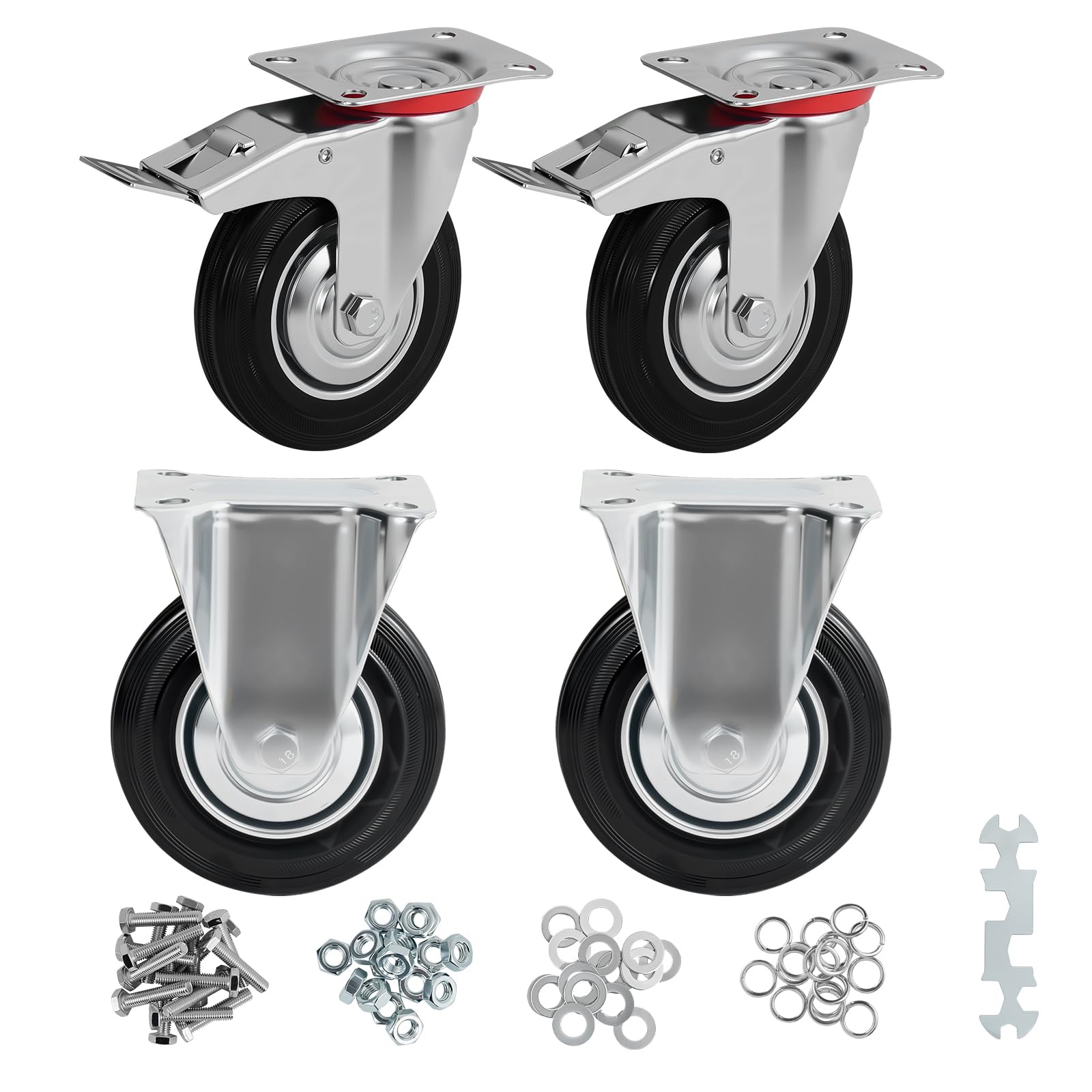 Set di 4 Ruote piroettanti da 5 Pollici, Ruote robuste con Freno, Ruote girevoli in Gomma per Carrello, banco da Lavoro, Nere (5" 2 fisse + 2 girevoli con Freno, 4)