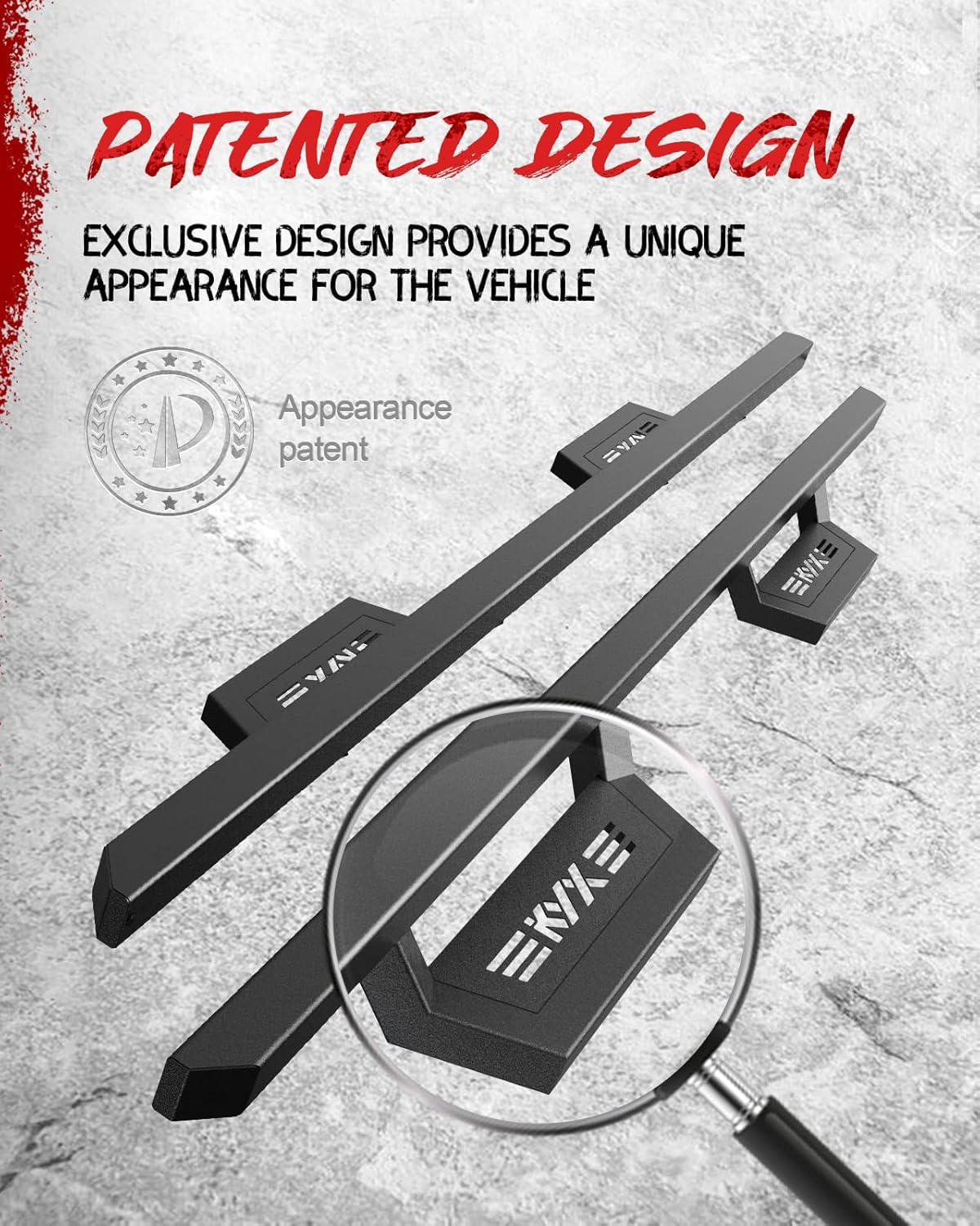 Close-up of the patented design on the running board step