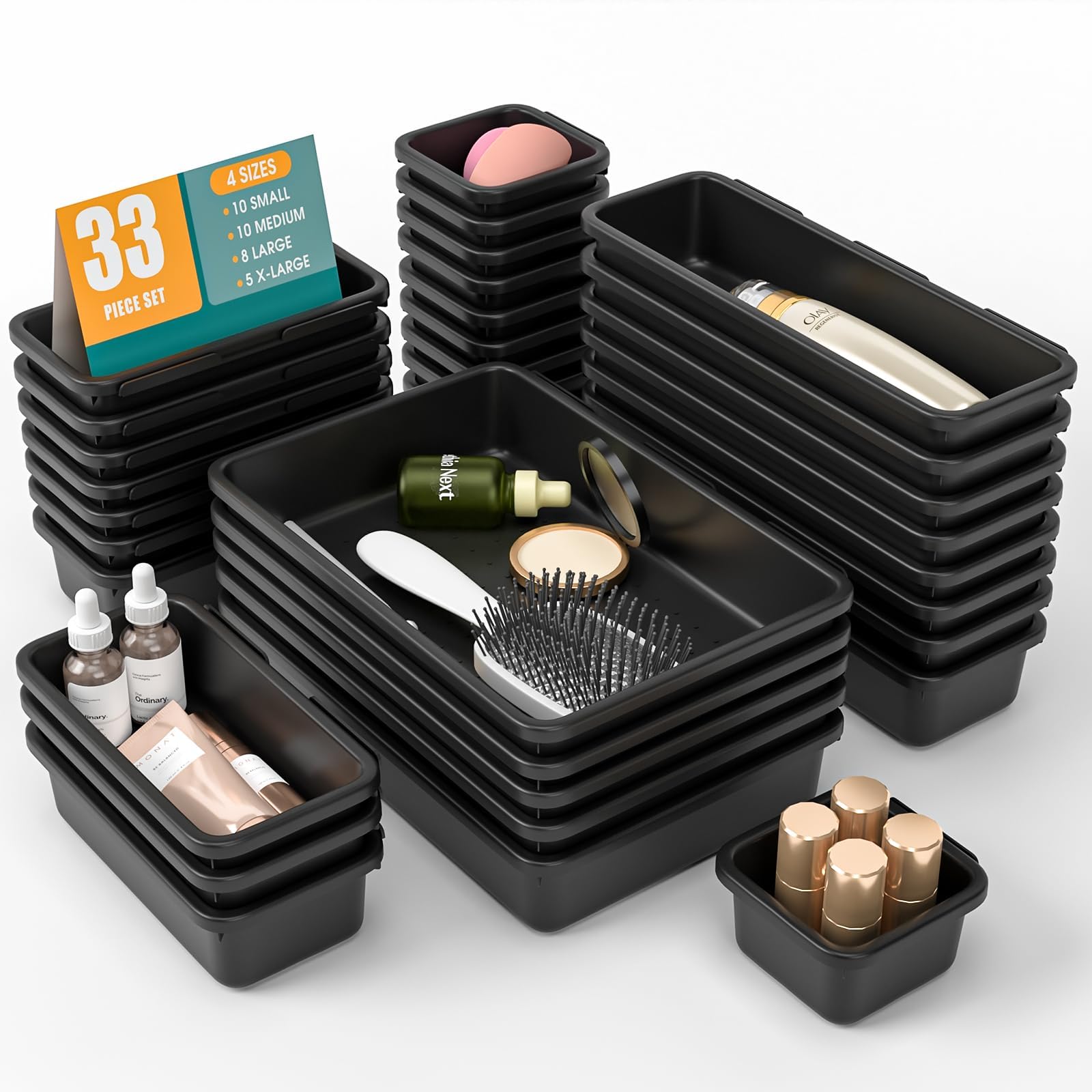 33 PCS Drawer Organizer Set, 4 Size Makeup Drawer Divider Organizer With Non-Slip Pads, Interlocking Plastic Storage Bins for Office,Jewelry Vanity,Gadgets, Bathroom,Kitchen, Black