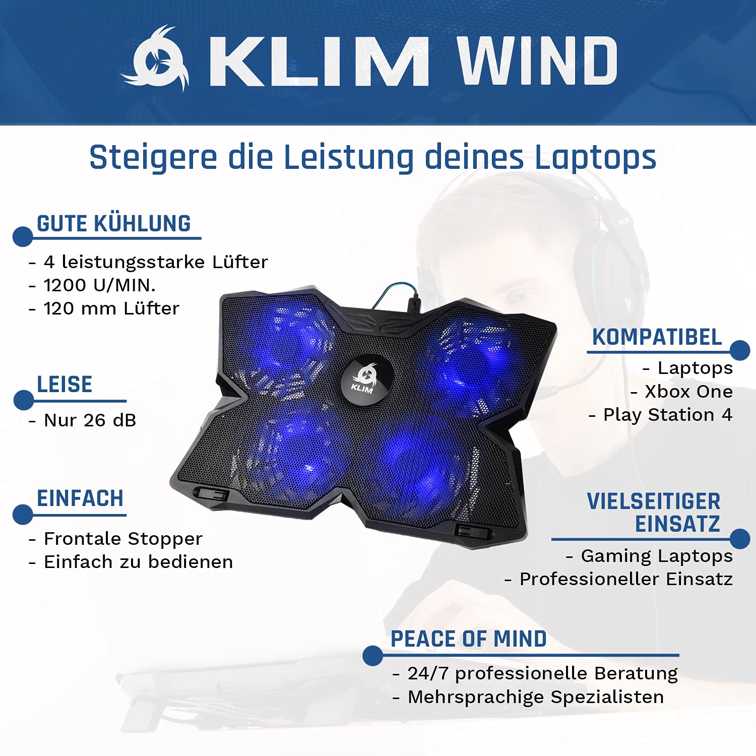 KLIM Wind Laptop Kühler 4 Lüfter PC Notebook PS4 Belüfteter Laptop Ständer Blau