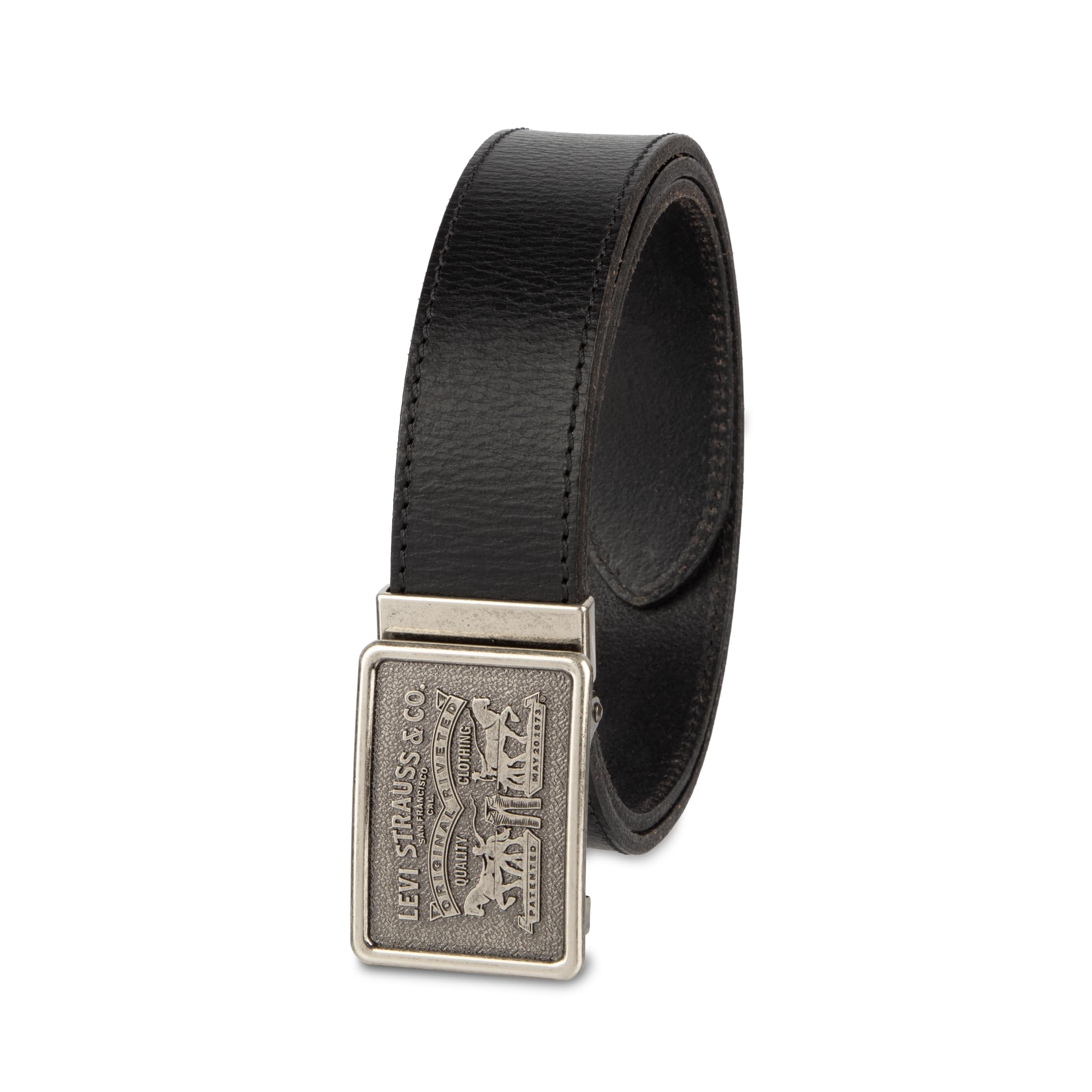Men's Logo Plaque Compression Buckle Leather Belt, Black, Large
