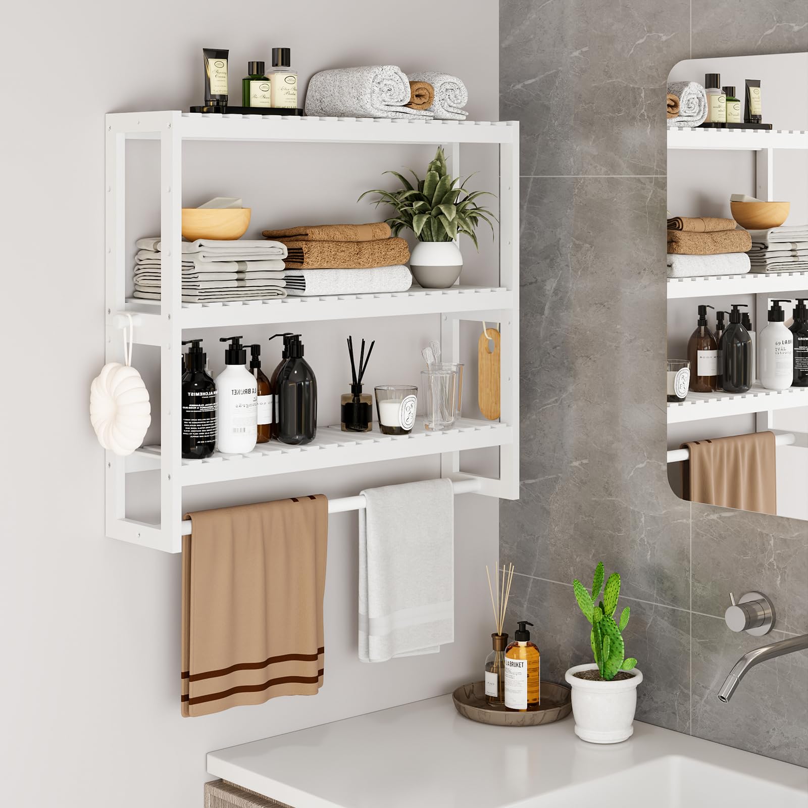 RRX Organizador de almacenamiento de estante de baño, 15 cm de profundidad x 60 cm de ancho x 53,8 cm de alto, organizador de cocina flotante de bambú de 3 niveles ajustable con barra, unidades de