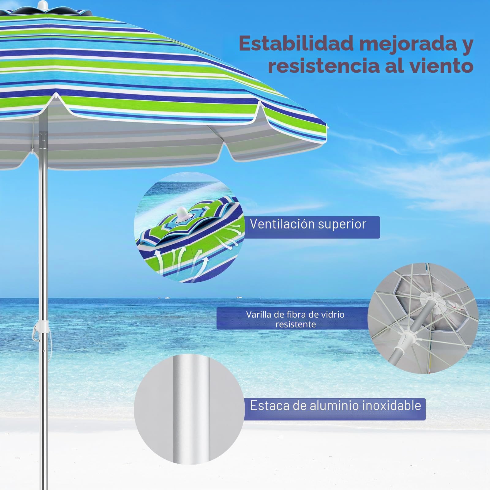 KOMFOTTEU Sombrilla Inclinable Ø 200 cm de Playa, Parasol de Jardín con Protección UV, Paraguas Plegable con Anclaje y Bolsa de Transporte, Sombrilla para Patio, Balcón, Piscina