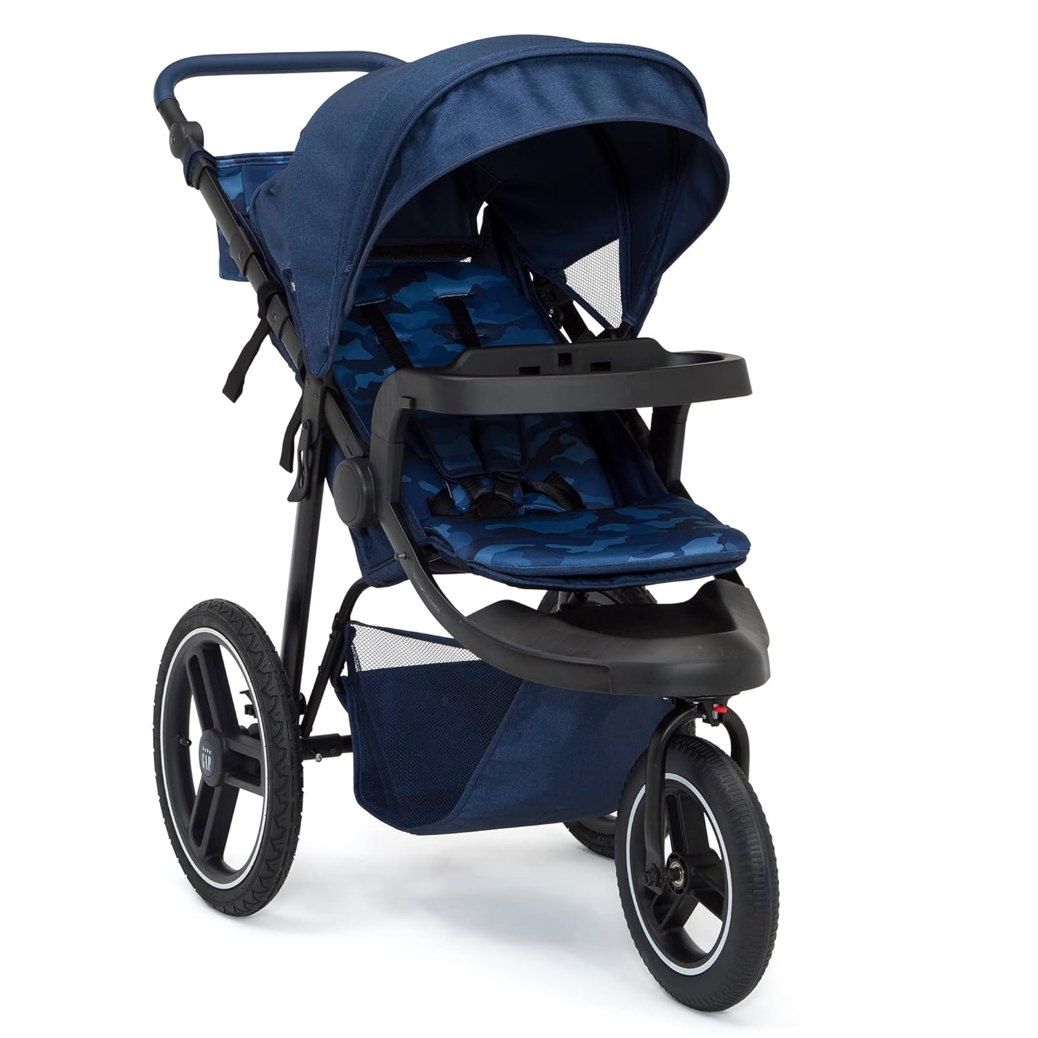 babyGap Trek Jogging Stroller - Lightweight Jogging Stoller with Extendable Canopy & Reclining Seat - Includes Car Seat Adapter - Made with Sustainable Materials, Navy Camo