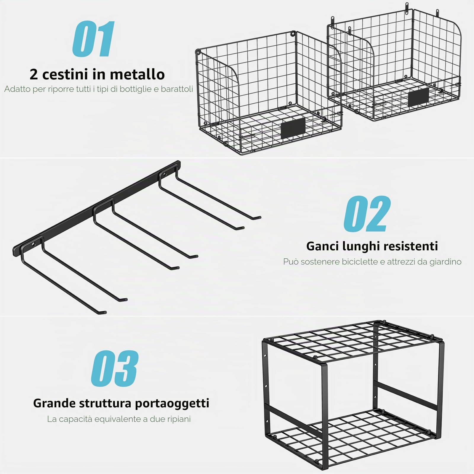 ThreeHio Mensola da garage a parete con cesti metallici, resistente mensola da parete per garage con scaffale per attrezzi da giardino e ganci, organizer per attrezzi per casa, giardino, cortile e