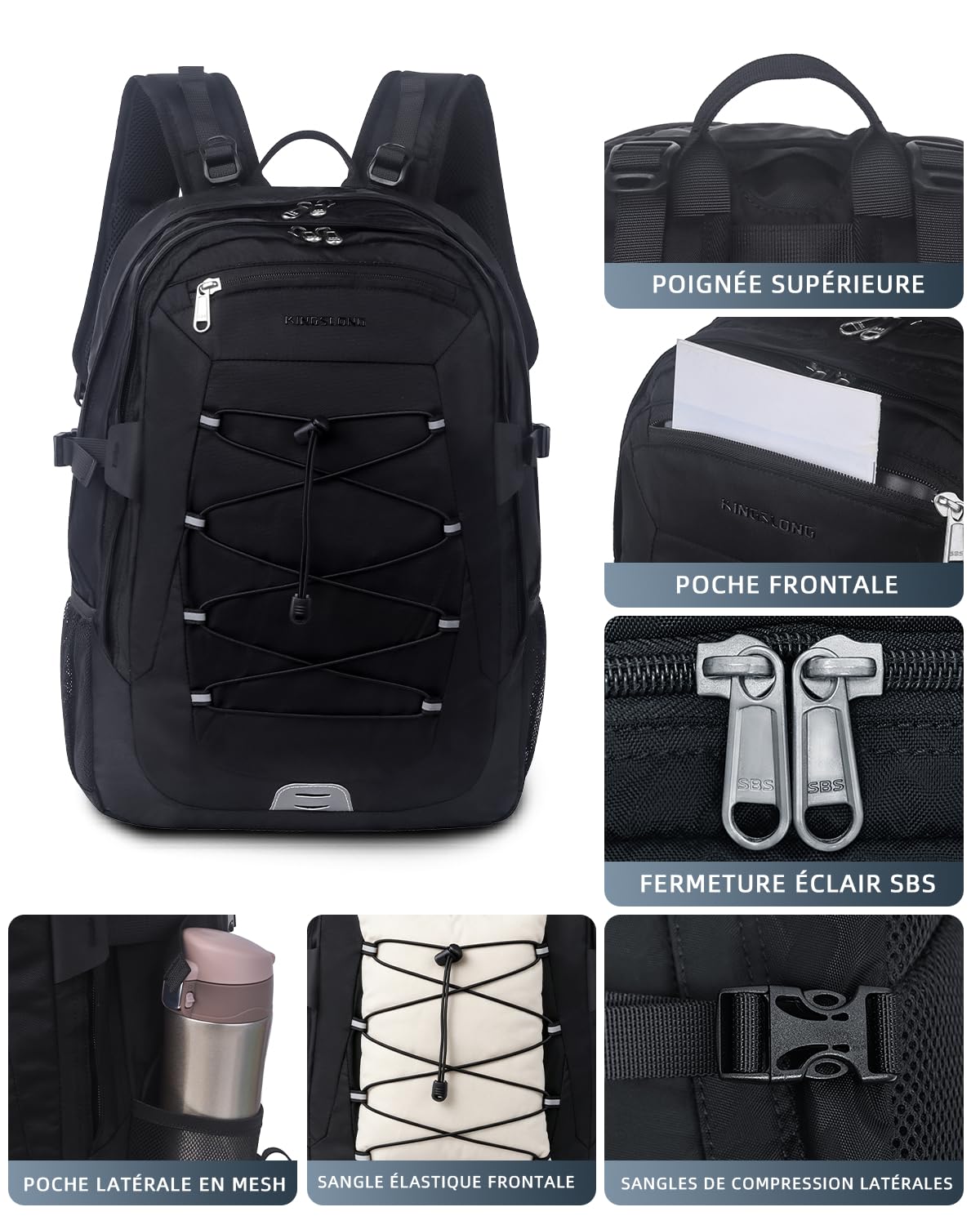 KINGSLONG Plecak trekkingowy 30 l, dla mężczyzn i kobiet: wodoszczelny plecak trekkingowy z kieszenią na laptopa o przekątnej ekranu 17,3", lekki plecak outdoorowy z systemem do picia, odblaskowy, na
