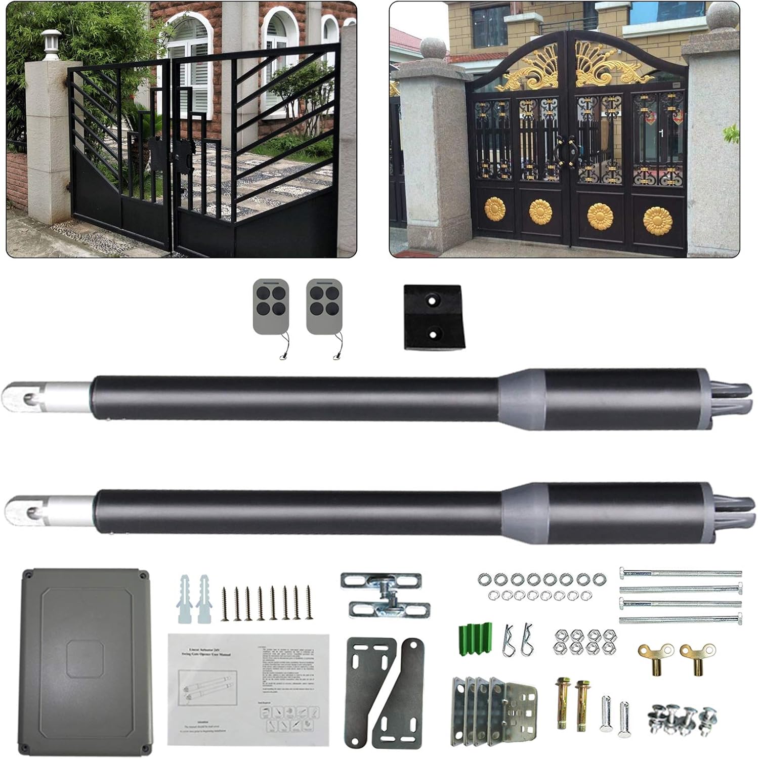 Automatic Dual Swing Arm Gate Opener, 110V Dc 24VDC 40W Medium-Sized Automatic Electric Driveway Gate Door Operator with Remote Complete Kit Electric Driveway Gate Operator Running Time Adjustable