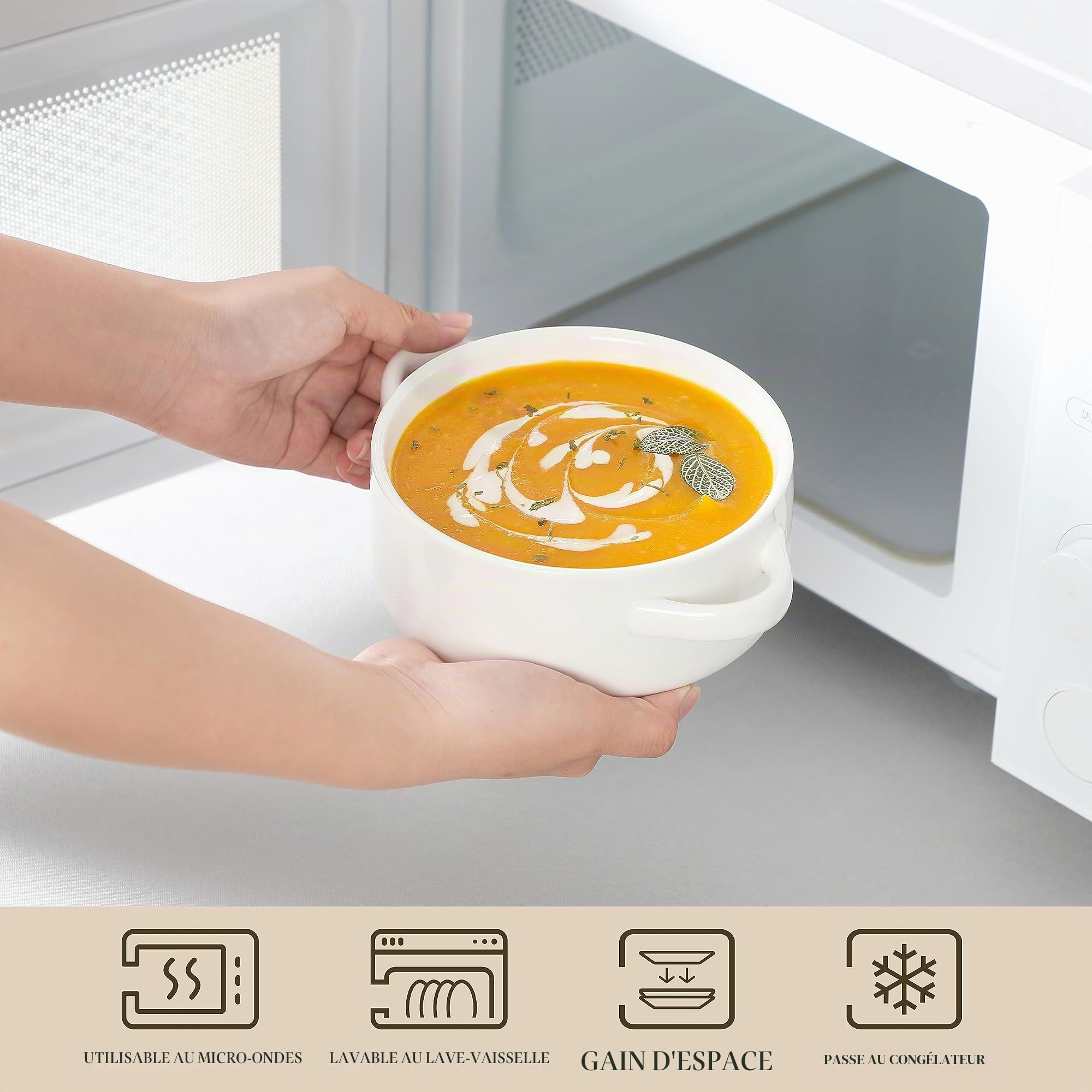MALACASA REGULAR Bols à Soupe avec Poignées en Porcelaine, Bols à Céréales pour Petit Dejeuner, Bols Blanches 800 ml Lot de 6, Passe au Lave-Vaisselle et au Four