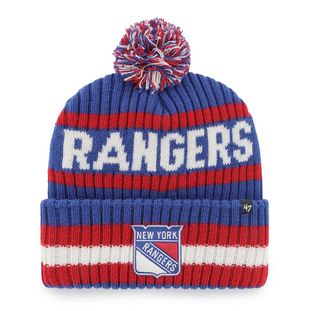 47 NHL Unisex-Adult Team Color Officially Licensed Primary Logo Bering Sport Knit Cuffed Pom Beanie Cold Weather Hat - New York Rangers Blue
