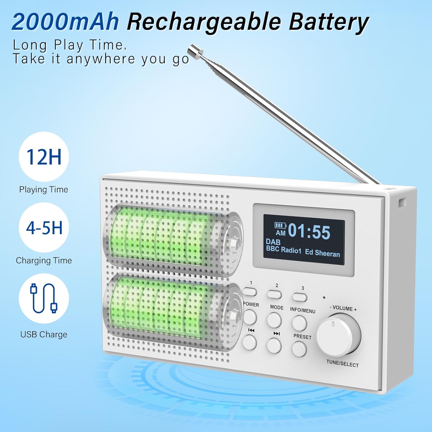 MONODEAL DAB Radio showing 2000mAh rechargeable battery with 12H playing time and 4-5H charging time