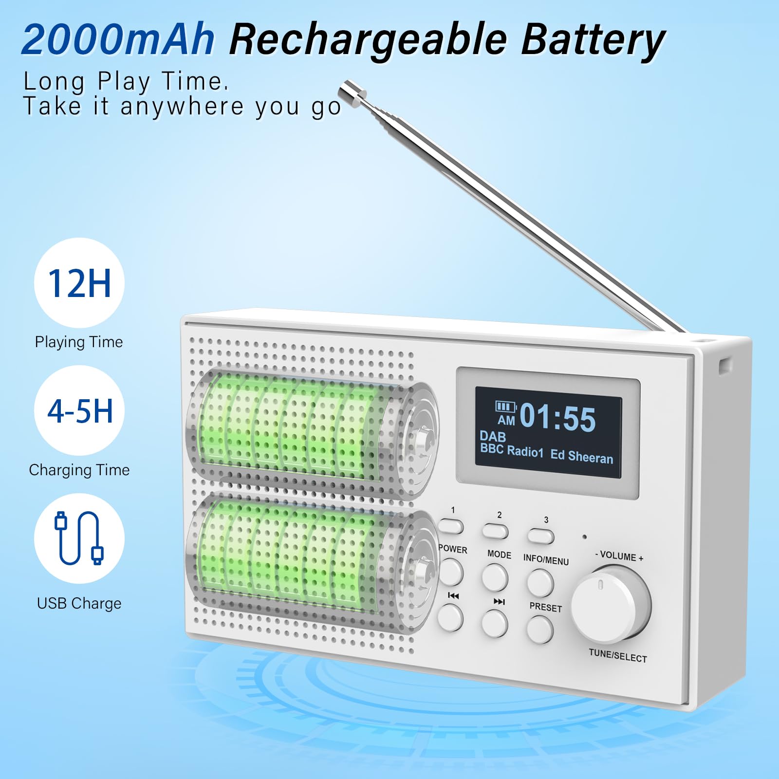 Radio Salle De Bain MONODEAL DAB Radio Mit Bluetooth, DAB Plus Radio Mit 3 Großes TFT Radio Cuisine écran 3 Pouces