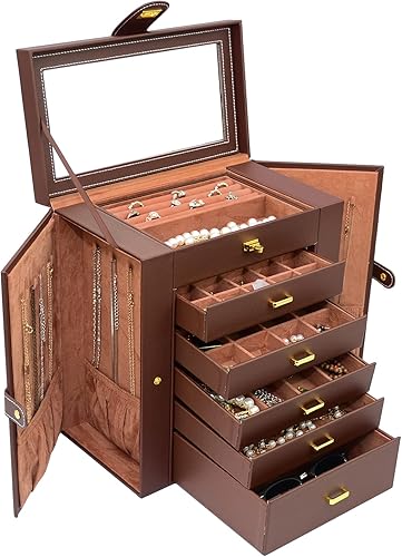 Miniatura 9 de AKOZLIN - Organizador de joyas grande de 6 niveles, con cerradura, funcional y enorme, con 5 cajones, de cuero, para mujeres y niñas, para anillos,