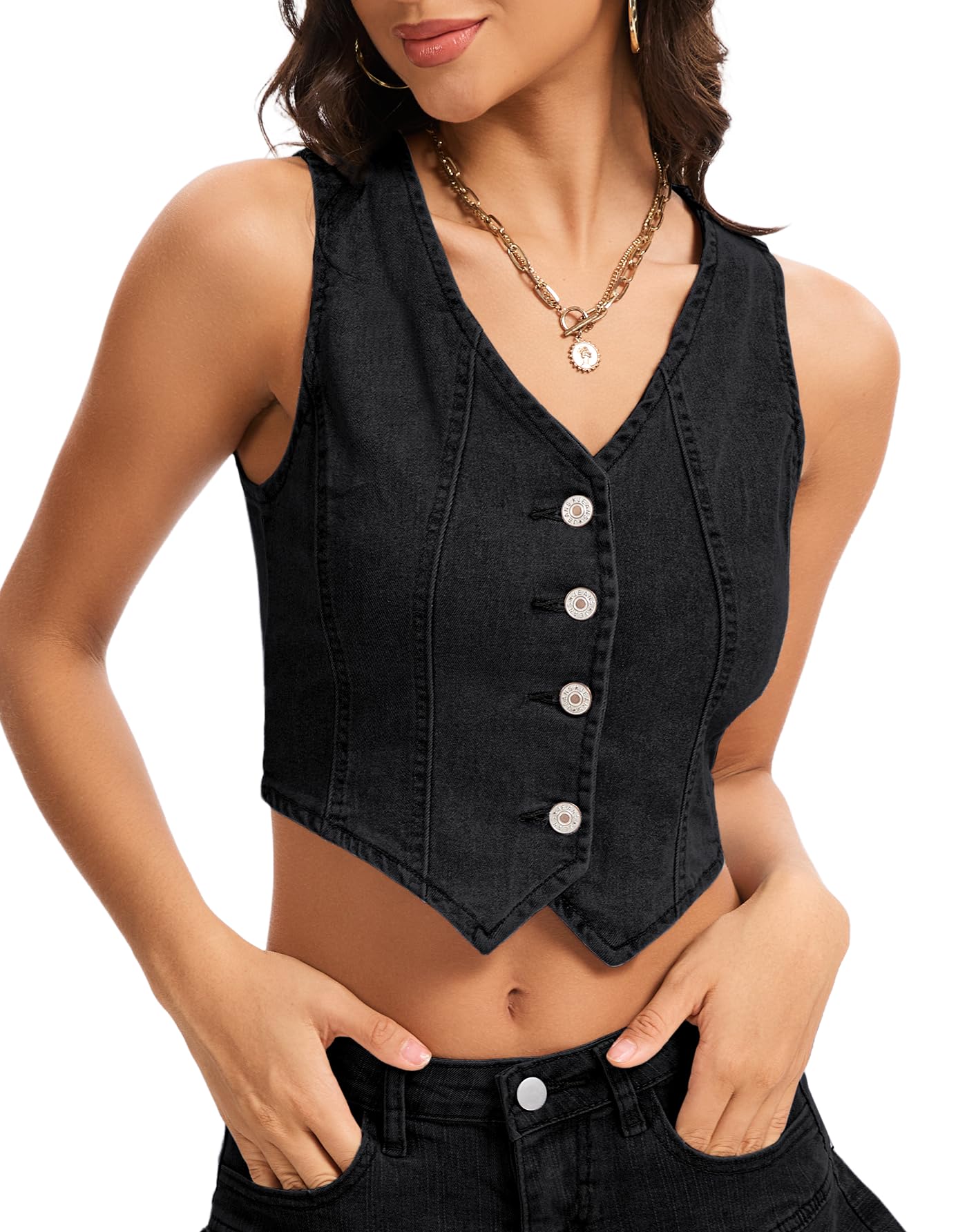 Denim Vest Cropped Waistcoat Vest Top Women Sleeveless Jean Vests Country Concert Tops