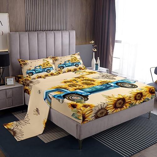 Manfei Juego de sábanas de girasol, tamaño King, juego de ropa de cama de gnomo de primavera de flores amarillas para decoración de habitación de