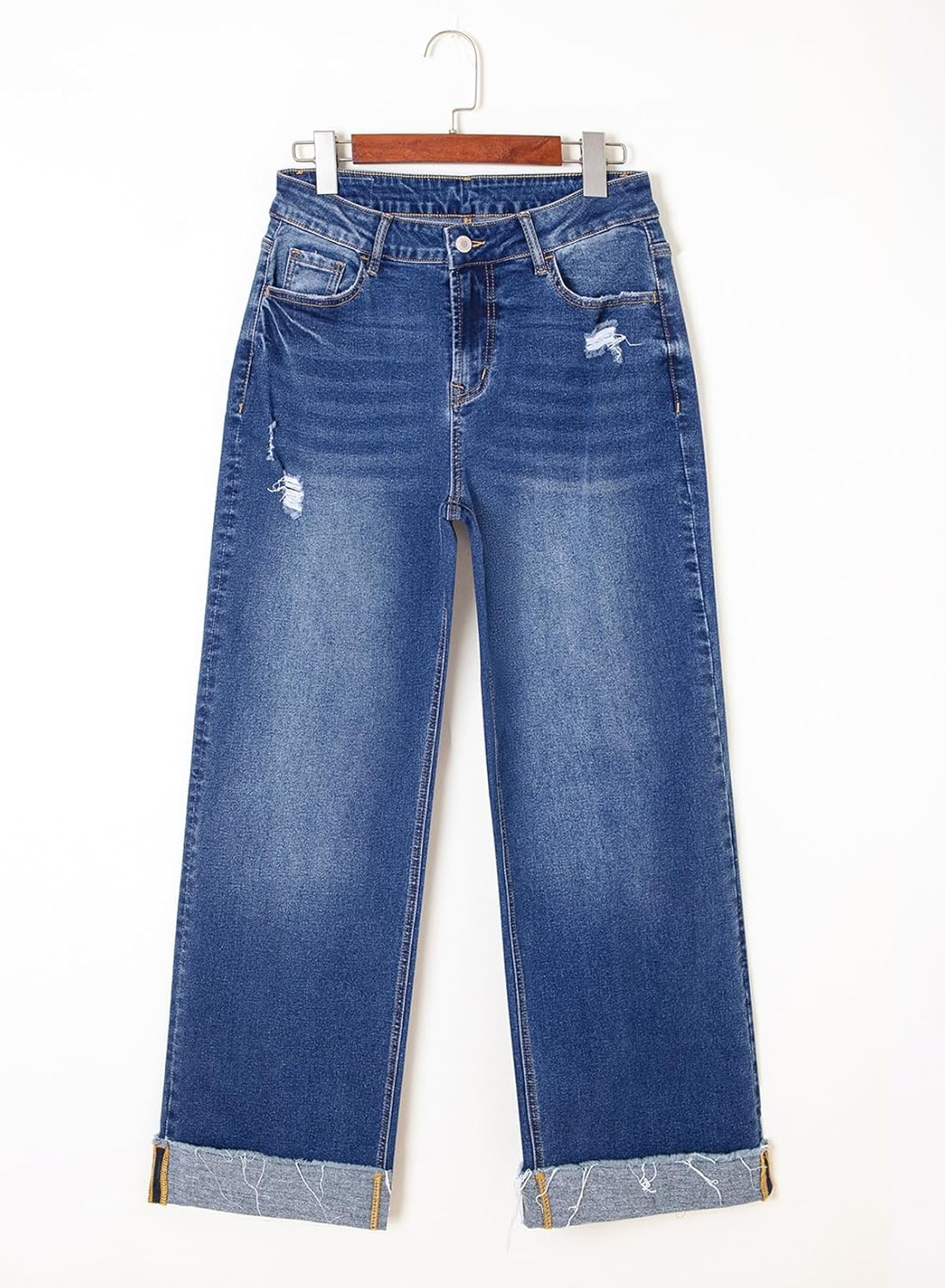 Sidefeel Women's Wide Leg Jeans High Waisted Stretchy Distressed Straight Leg Folded Hem Loose Denim Pants - Image 5