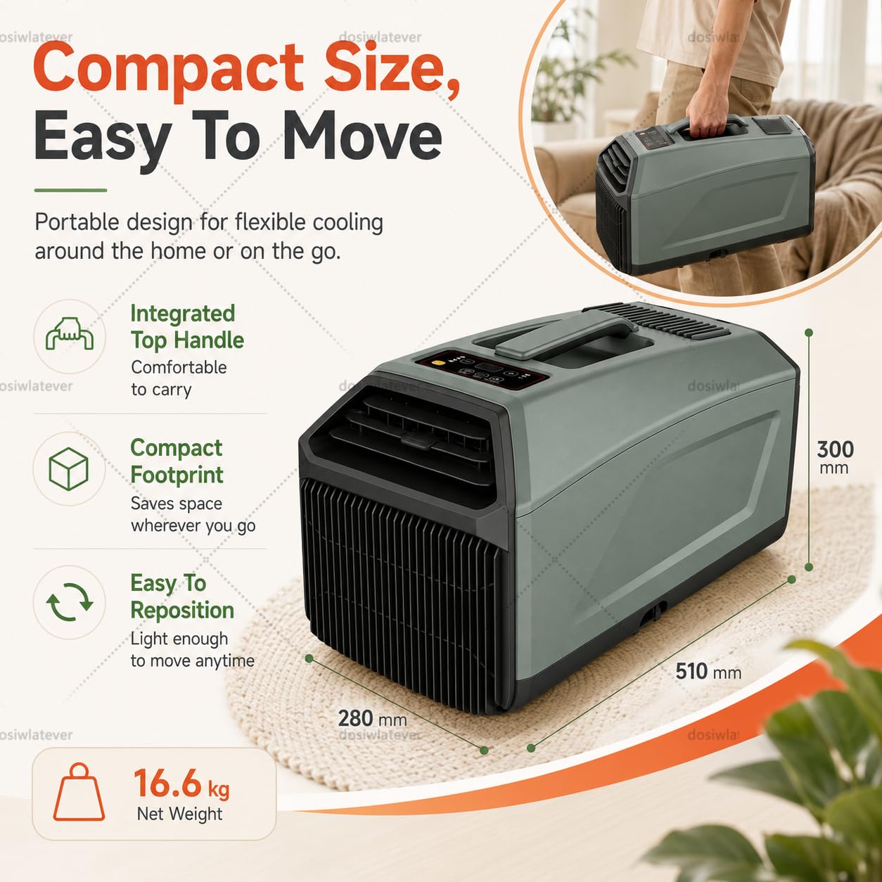 Aire acondicionado portátil 5000 BTU 230V, nueva versión 2026 más silenciosa, ideal para habitaciones pequeñas hasta 10㎡, para espacios reducidos, uso en dormitorio, oficina o camper Grey