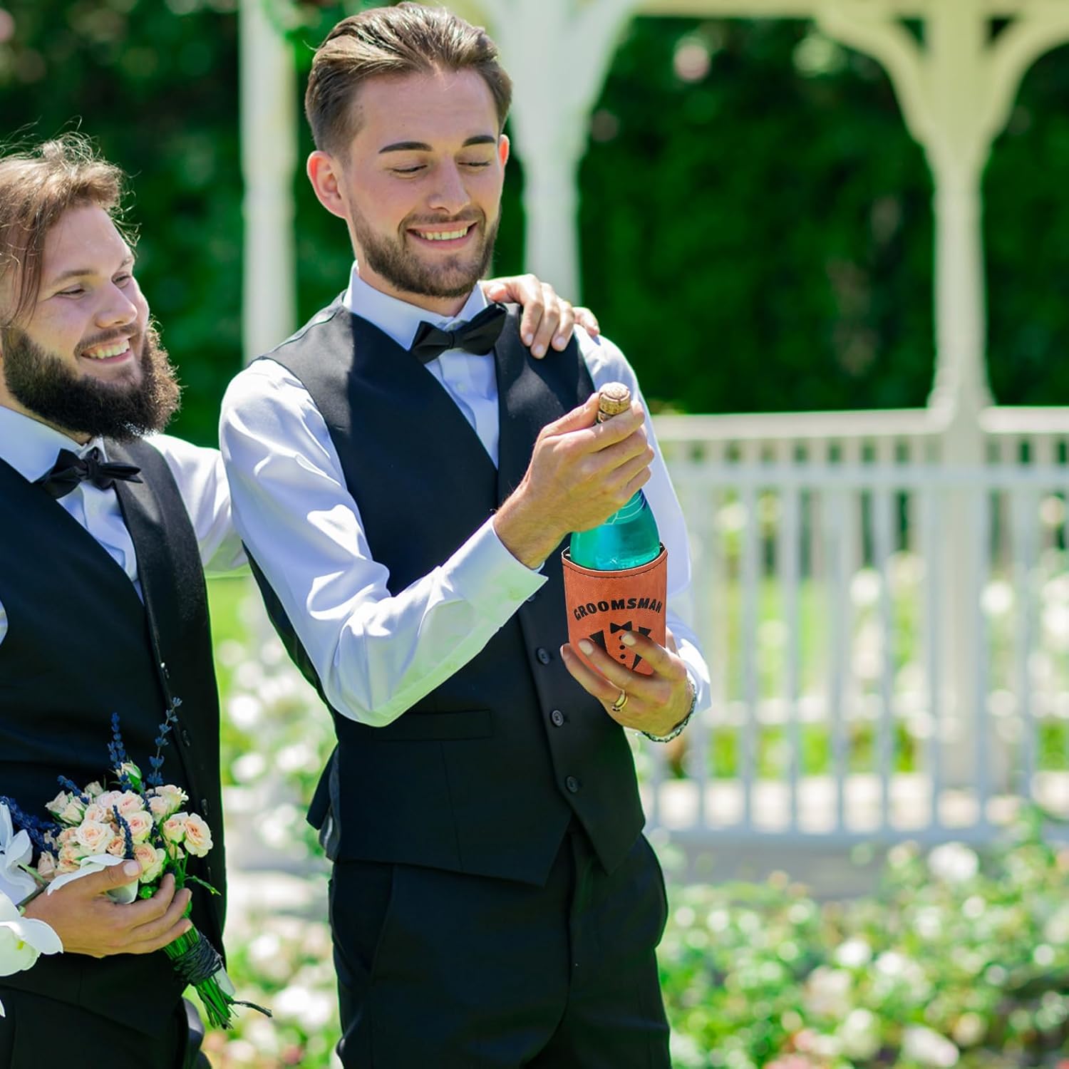 SiliFine 6 Sets Groom and Groomsmen Leather Can Cooler with 6 Bottle Opener, Groomsmen Proposal Leather Can Sleeve Favors for Best Man Proposal Gifts(Brown)