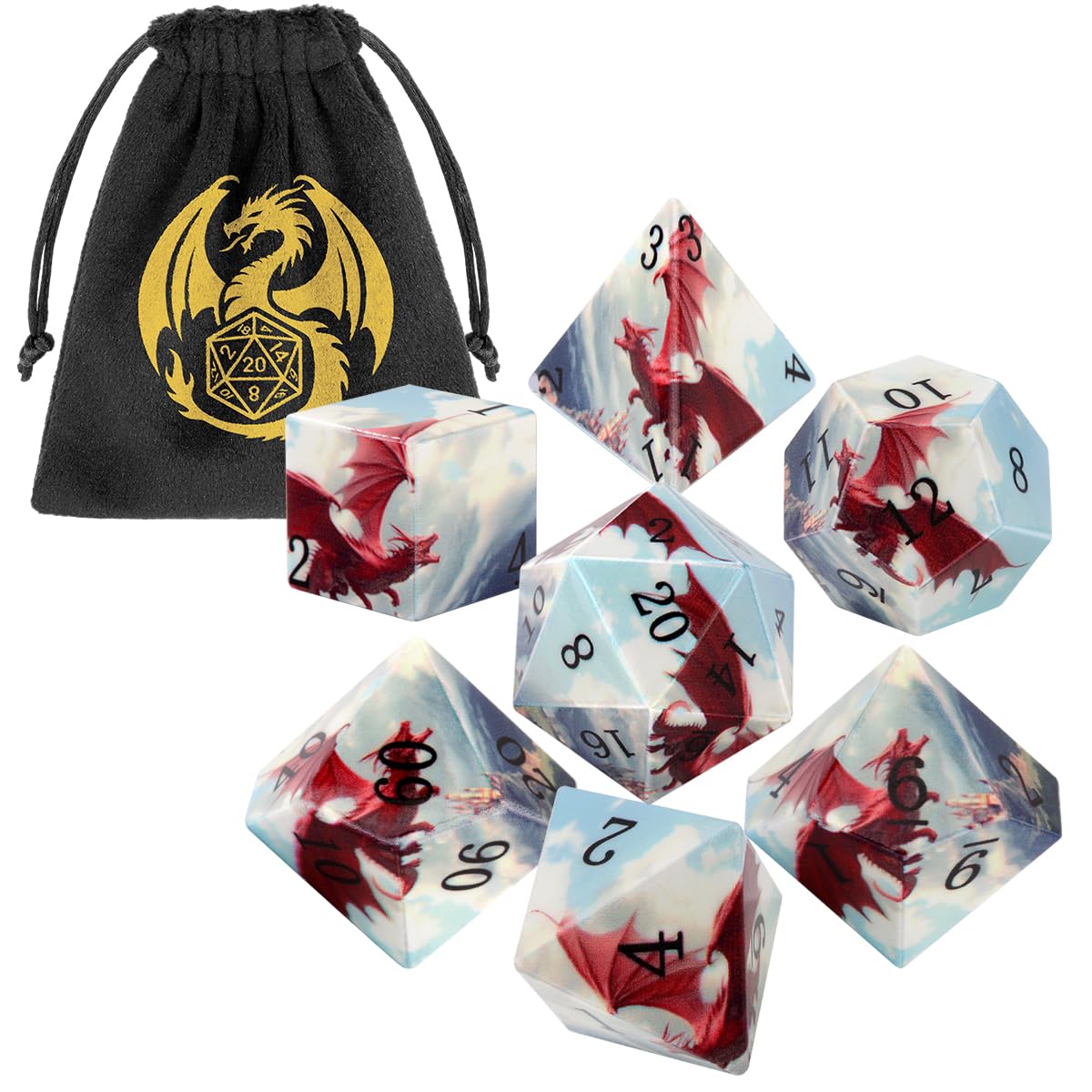 Red Dragon Dice Set, 7Pcs Polyhedral DND Dice, Fantasy Tabletop Game Accessories, DND Starter Set including Gift Bag