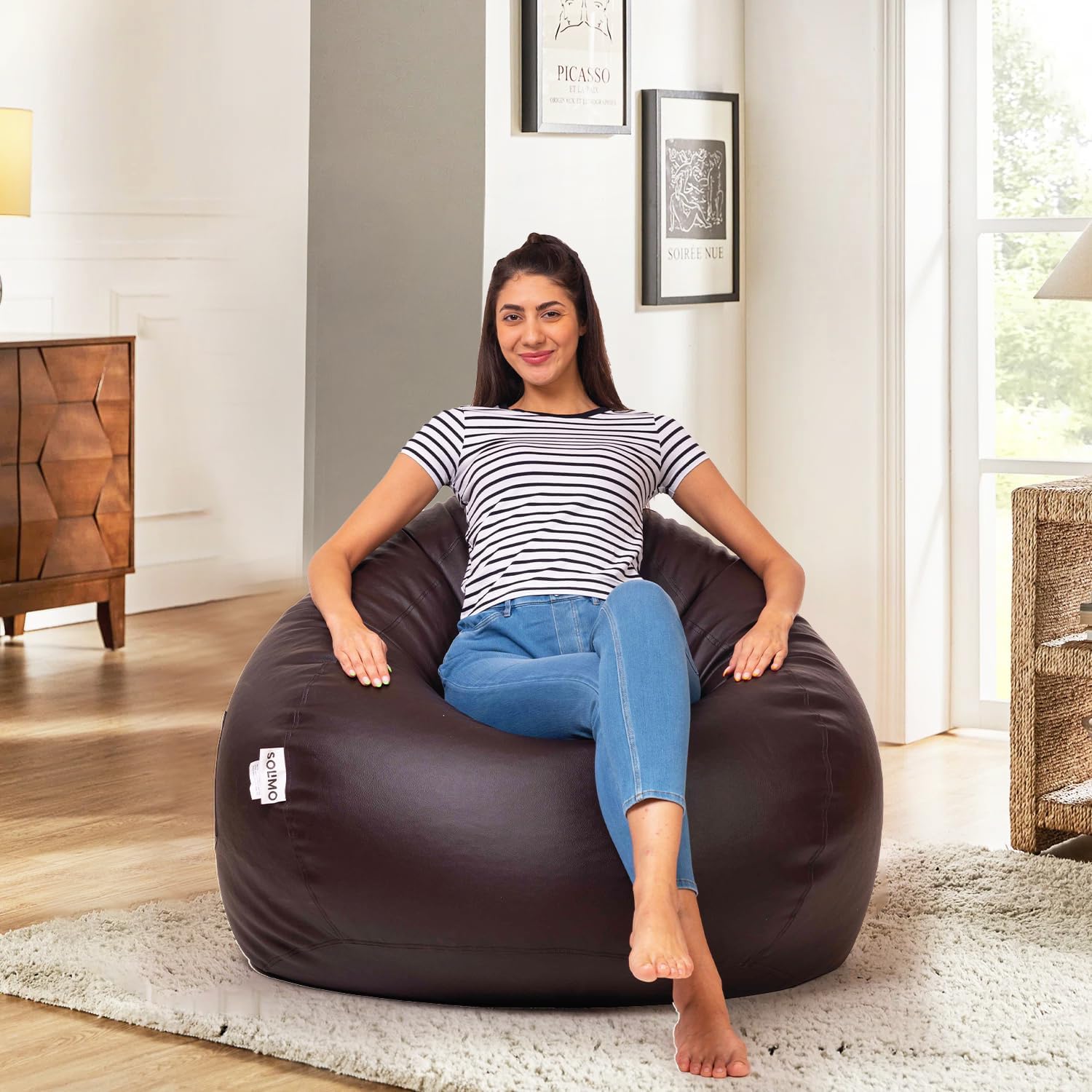 Amazon Brand - Solimo 4XL Premium Faux Leather Bean Bag Filled with Beans for Living Room | Capacity Upto 6'5" Height & 125 Kg Weight | Pre-Filled Bean Bags for Office Use (Dark Brown)-picture-12