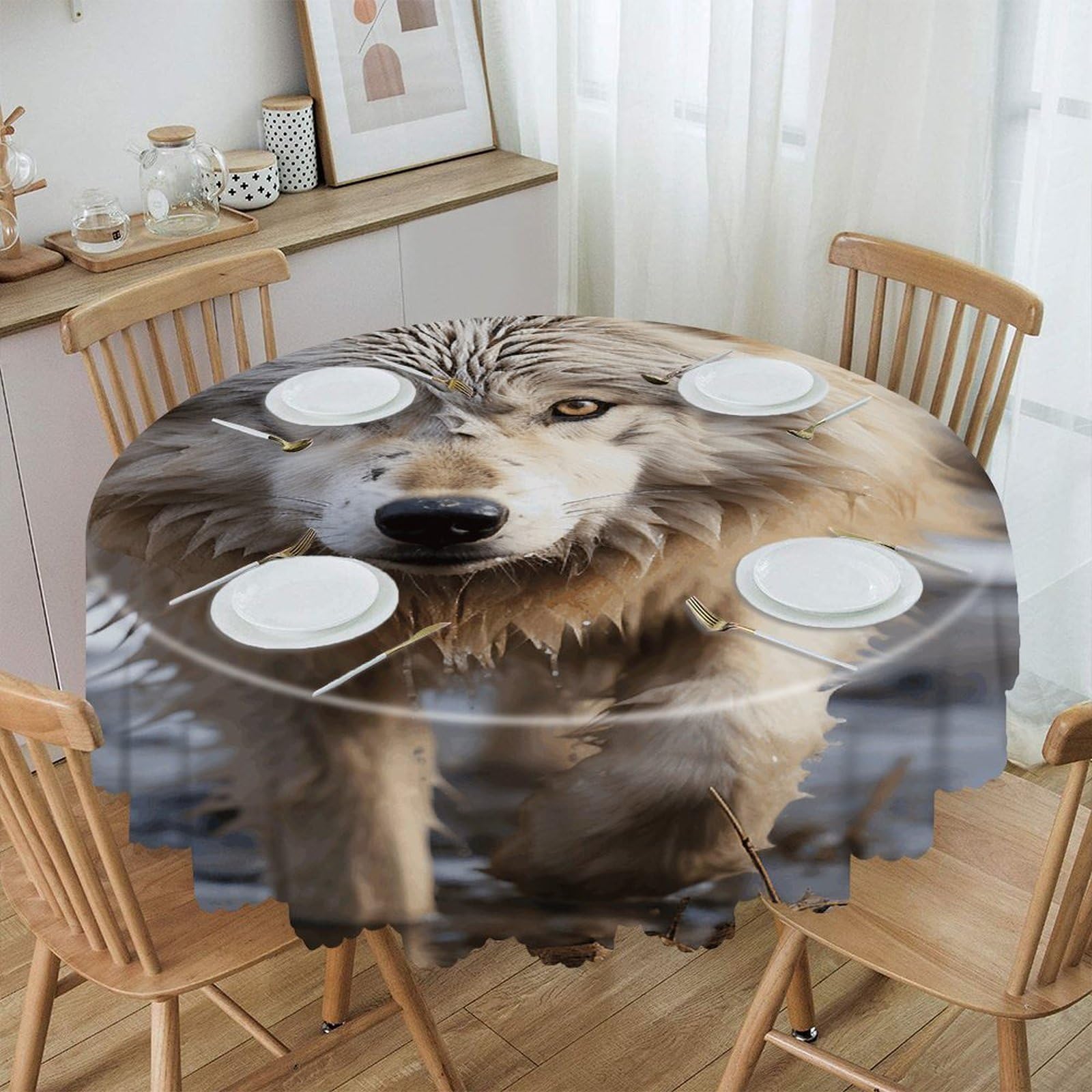 VstaDank Walking Wolf Round Tablecloth Premium Polyester Table Cloth Heavy Duty Washable Fabric Tablecloth Waterproof Holiday Table Cover Decorative Tablecloths for Dining 60"