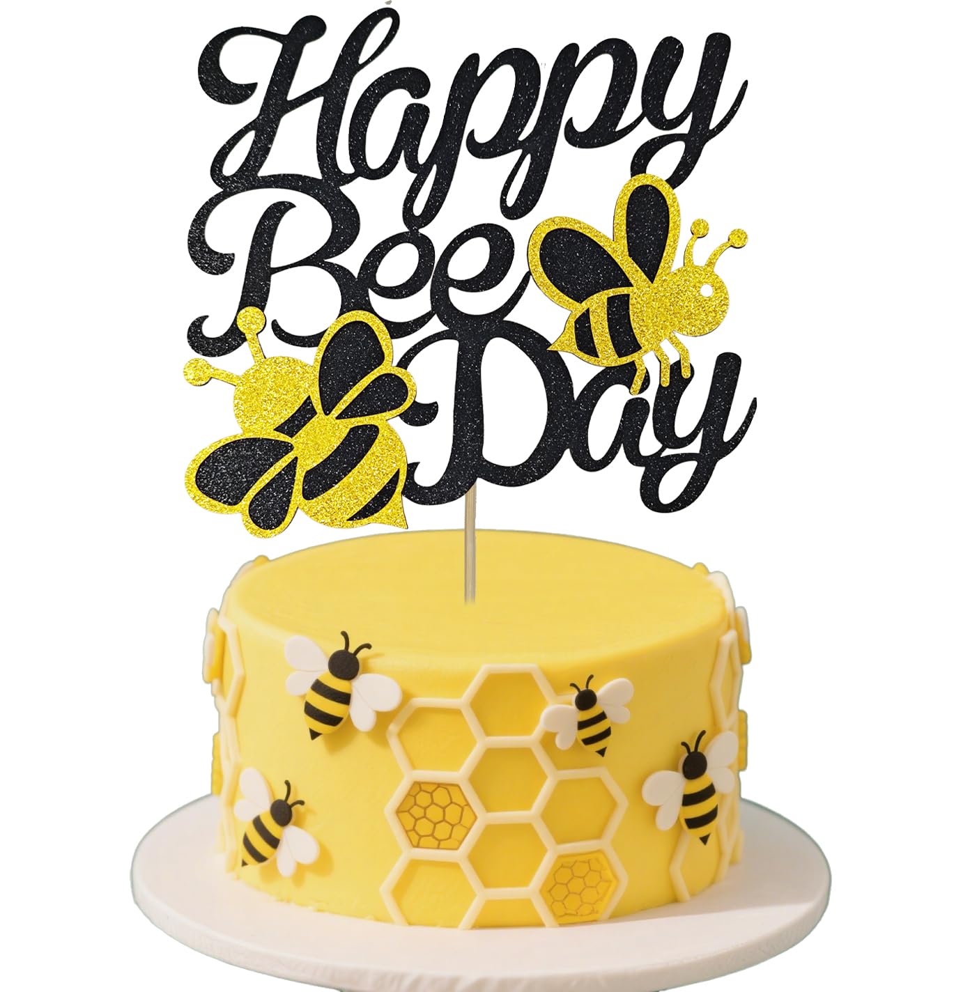 HSC Happy Bee Cake Decorations, Bee Cake Topper, Happy Bee Day Cake Topper with Glitter, Bumble Gold Paper Bee Themed Birthday Party Decorations