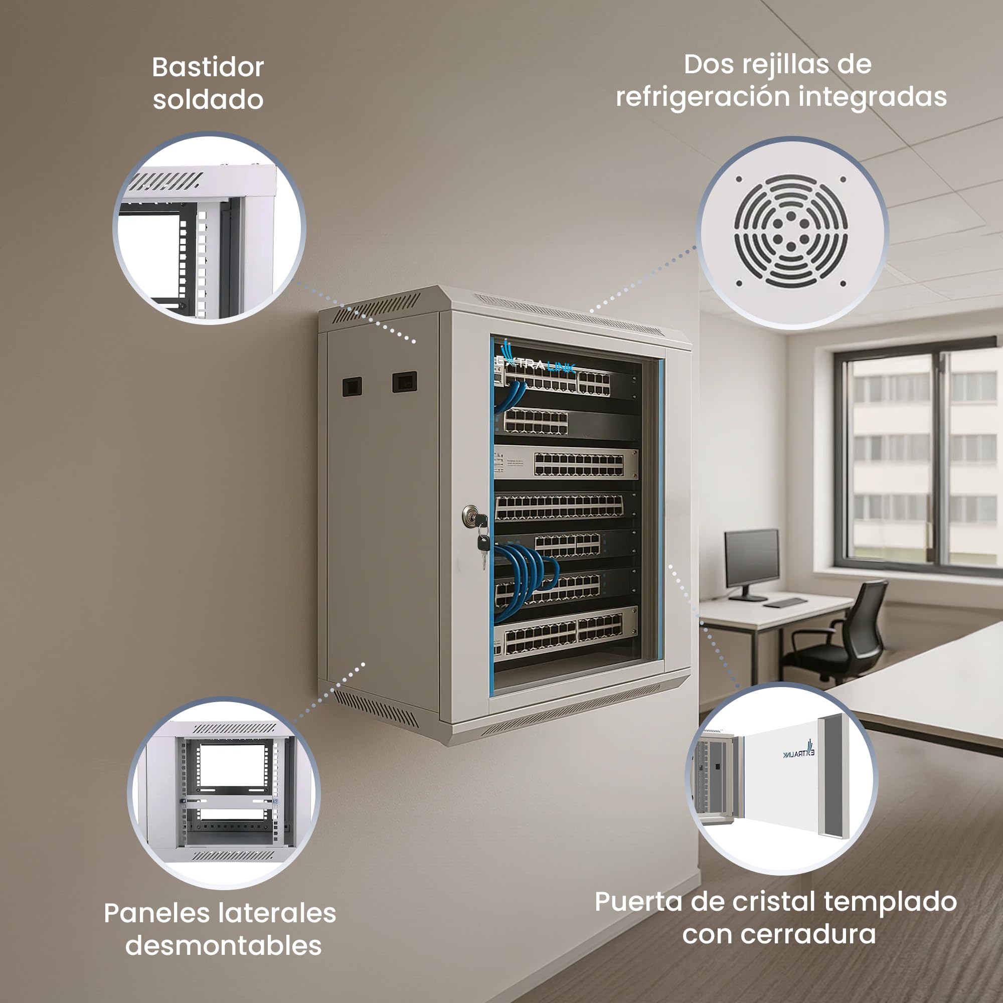 Extralink Armario Rack de 19" 4U - Armario de Red de 600mm, para Montaje en Pared o Suelo, hasta 60 kg, Puerta de Cristal Templado, Apertura de 180° Gris - para Red doméstica y Equipos informáticos