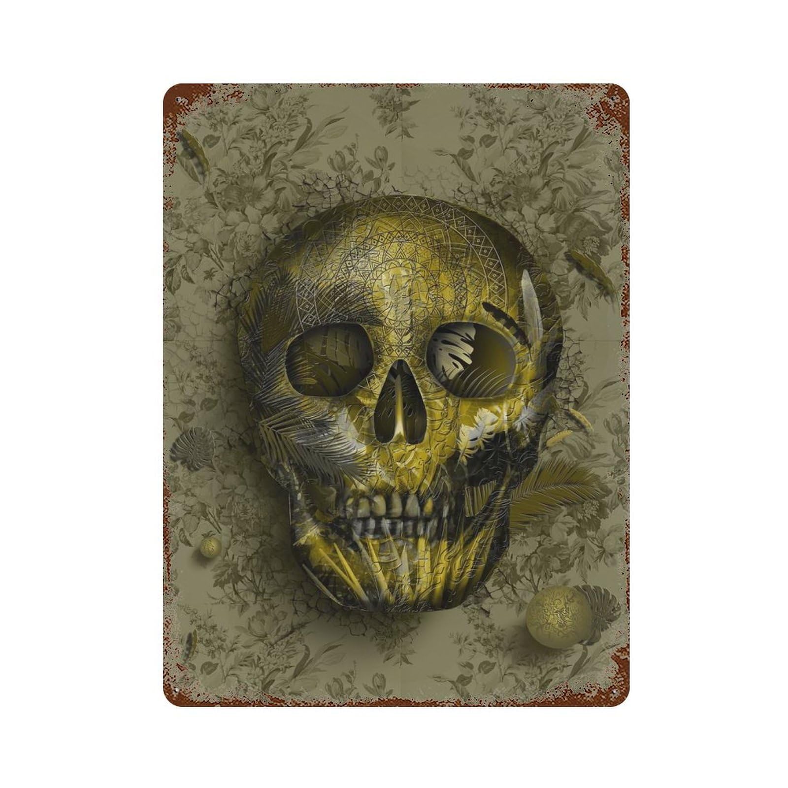 Skull Gold 15.7"x11.8" Distressed Metal Wall Sign, Shabby Chic Decor for Office, Studio And Wall Decor