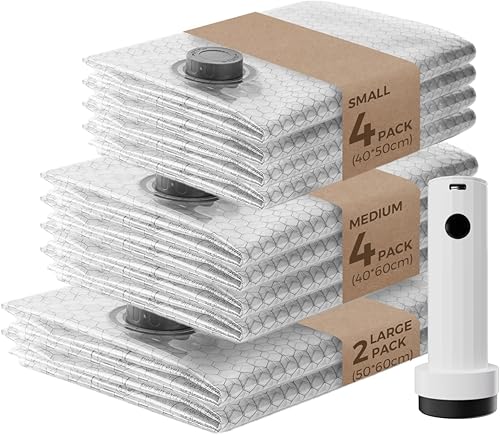 Bolsas de vacío para ropa con bomba de aire recargable, paquete de 10 bolsas de sellado al vacío para viajes, bolsas ahorradoras de espacio para