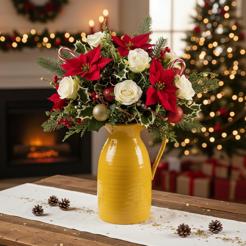 hjn Farmhouse Pitcher Vase for Flowers- Decrative Pitchers White Ceramic Pitcher Yellow Vase for Your Kitchen/Home Decor/Office/Living Room/Bookshelf/Mantel/-Yellow - Image 5