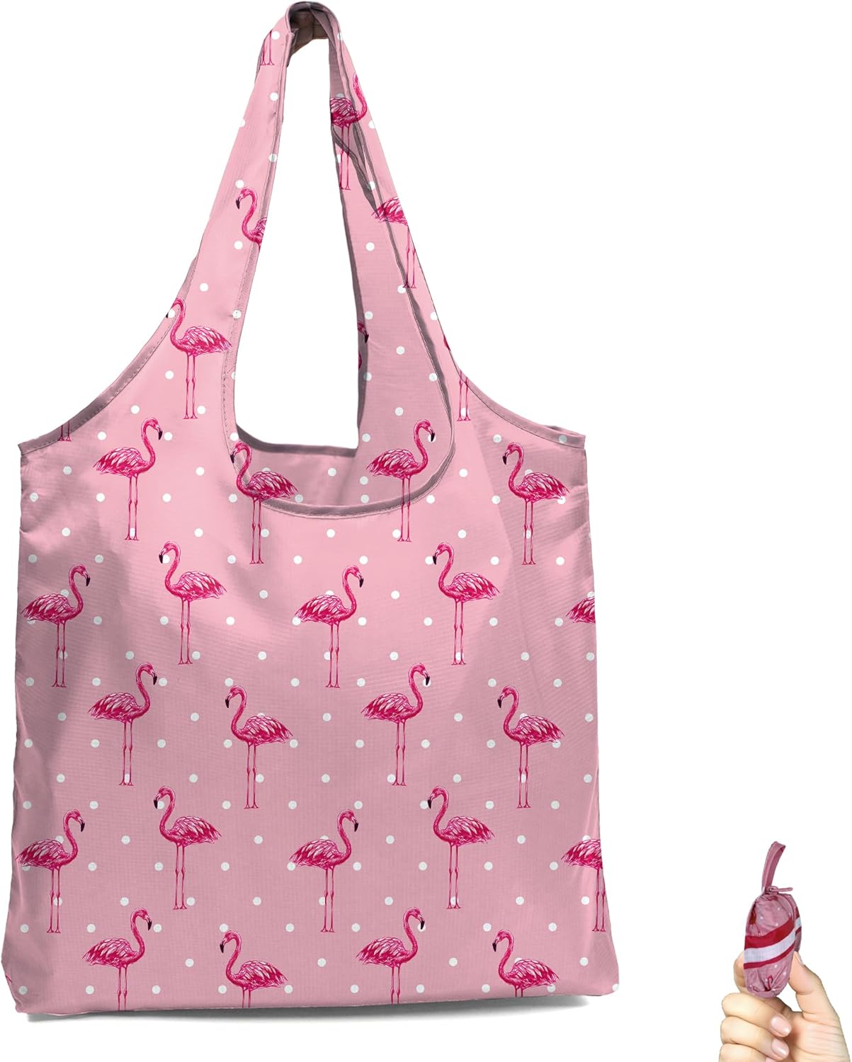 BeeGreen Pink Flamingo Ultimate Travel Tote Bag – Reusable Grocery Shopping Bag – Foldable Compact Portable Machine Washable