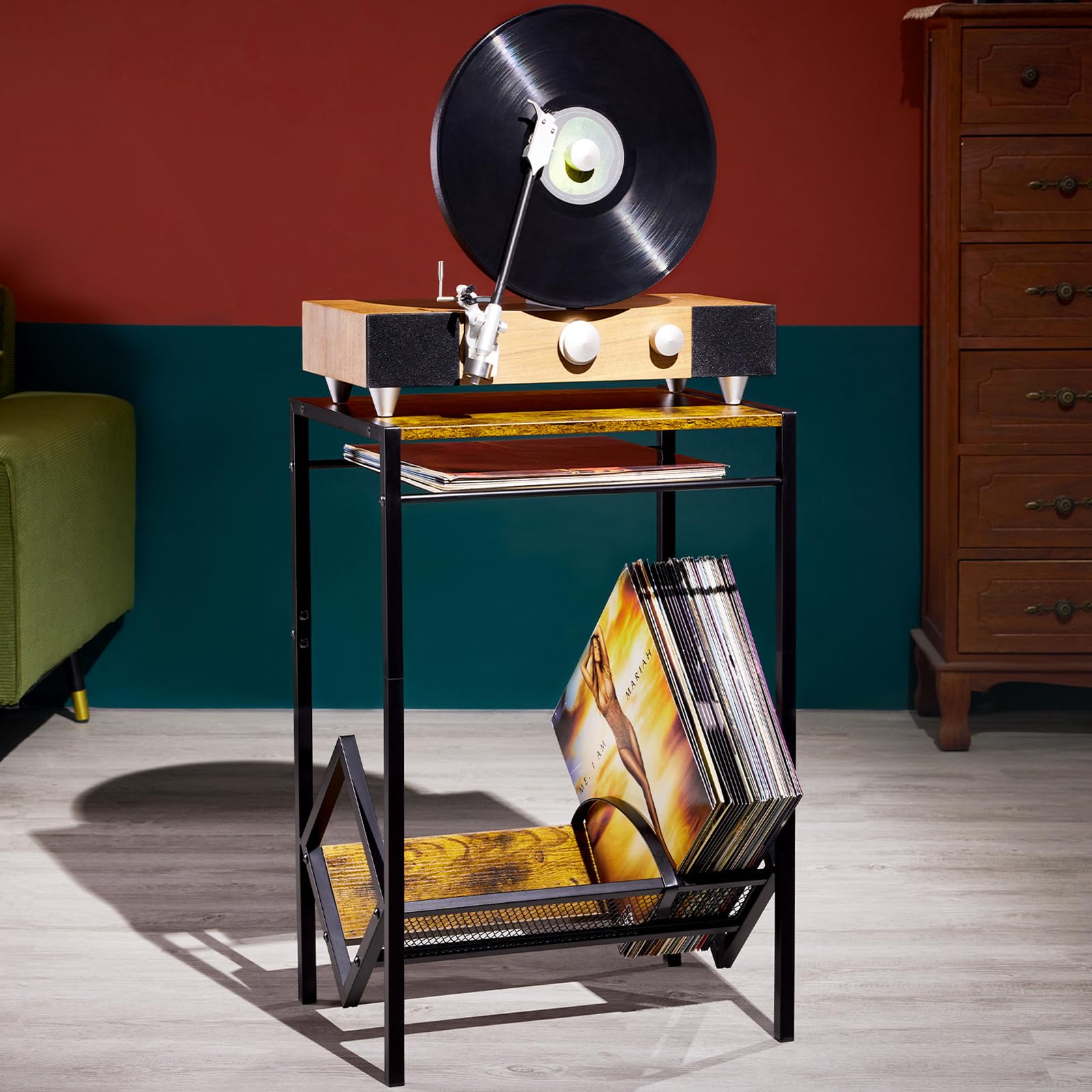 Soporte para tocadiscos de 2 niveles con almacenamiento de vinilo, soporte giratorio retro para 80 | Organizador pequeño de madera y metal con ruedas para esquina de sala de estar