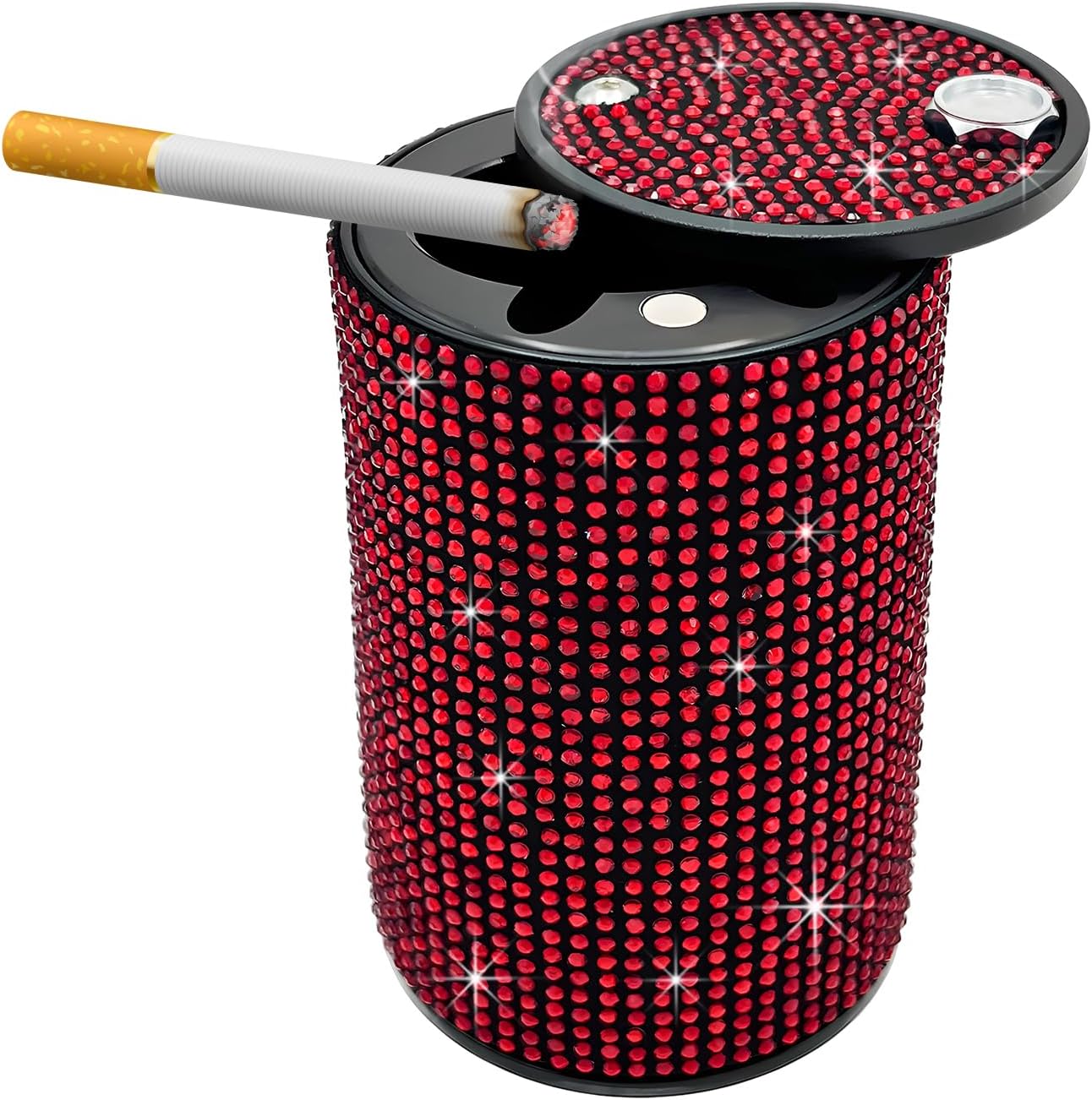 Stainless Steel Bling Car Ashtray, Fireproof Rhinestone Auto Cigarette Ash Tray with Lid, Smokeless Vehicle Mini Ashtray Crystal Diamond Interior Decor for Women Girls (Black)