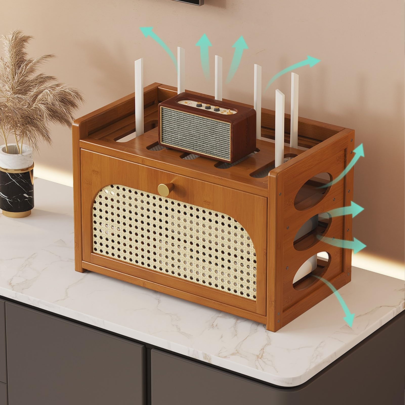 Scatola portaoggetti per router WiFi, organizer per gestione dei cavi, ripiani multistrato per router, striscia di alimentazione e organizer per cavi, struttura in bambù resistente (102,9 cm)