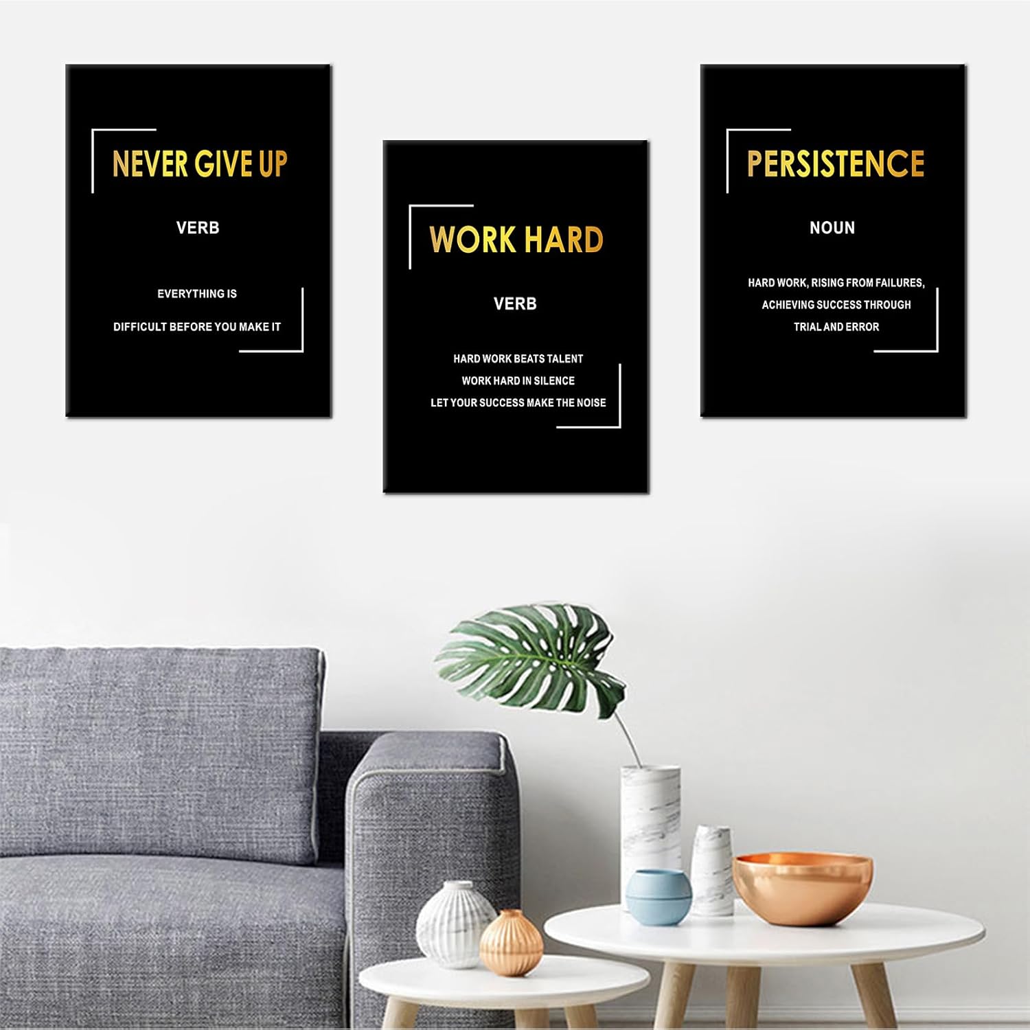 Never Give Up Inspirational Canvas Wall Art Office Decor 3 Pieces Motivational Work Hard Persistence Quotes Picture Poster Artwork for Modern Gym Living Room Workplace Ready to Hang [36''W x 16''H] - Image 3