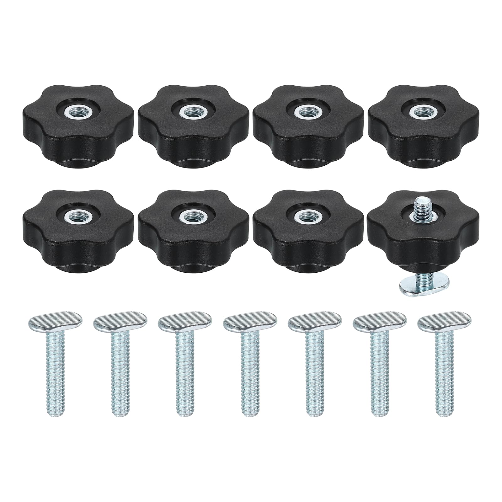 QUARKZMAN 8 Juego Kit Perillas Para Riel T Con Perillas Estrella Y Tornillos Ranura T 1/4"-20 X 1-1/4", Accesorios Tornillos Deslizantes Ranura T Para Plantillas, Plateado