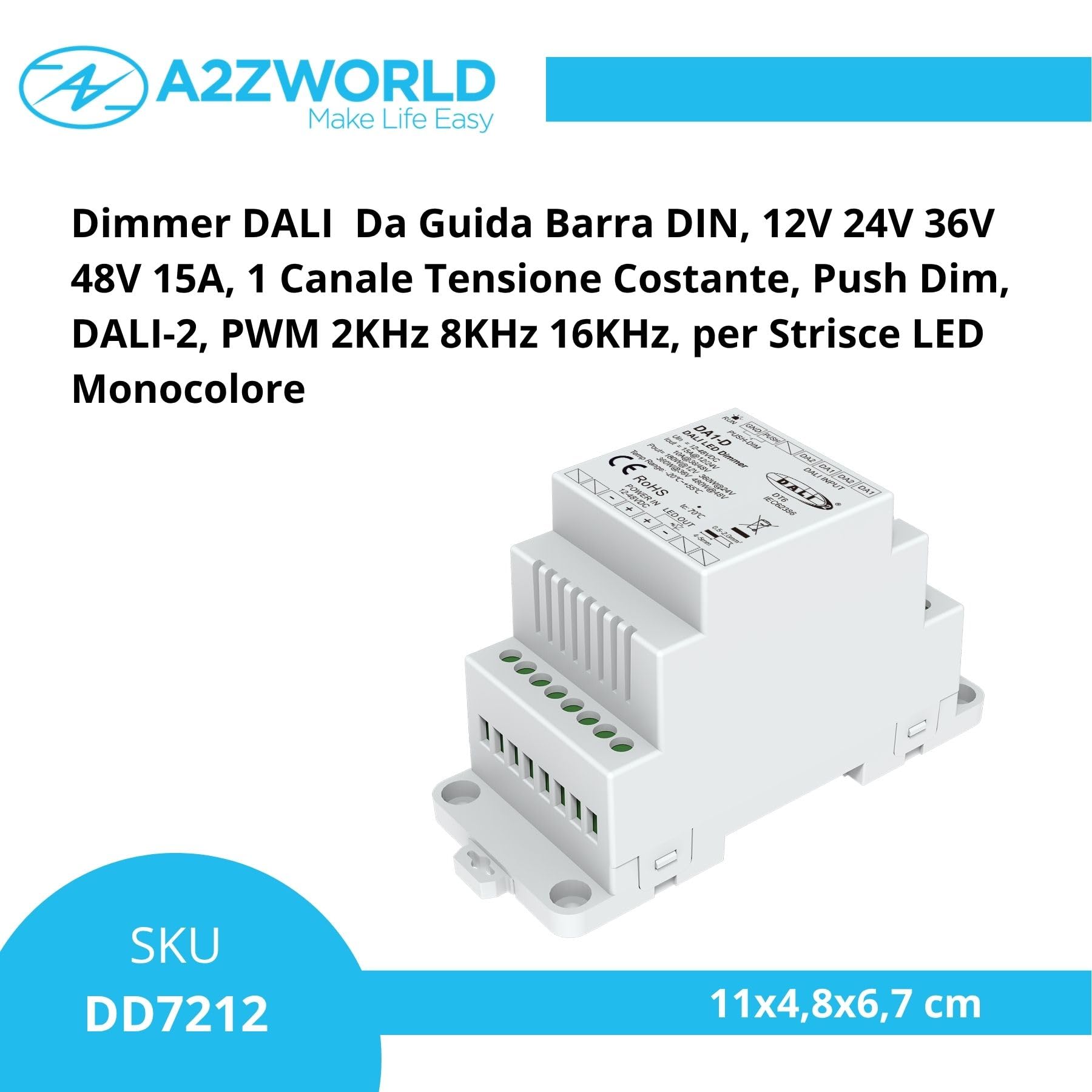 Ściemniacz LED DALI do jazdy na szynie DIN, 12V 24V 36V 48V 15A, 1 kanał stałego napięcia, przycisk NO, Push Dim, DALI-2, PWM 2KHz 8KHz 16KHz, do jednokolorowych pasków LED