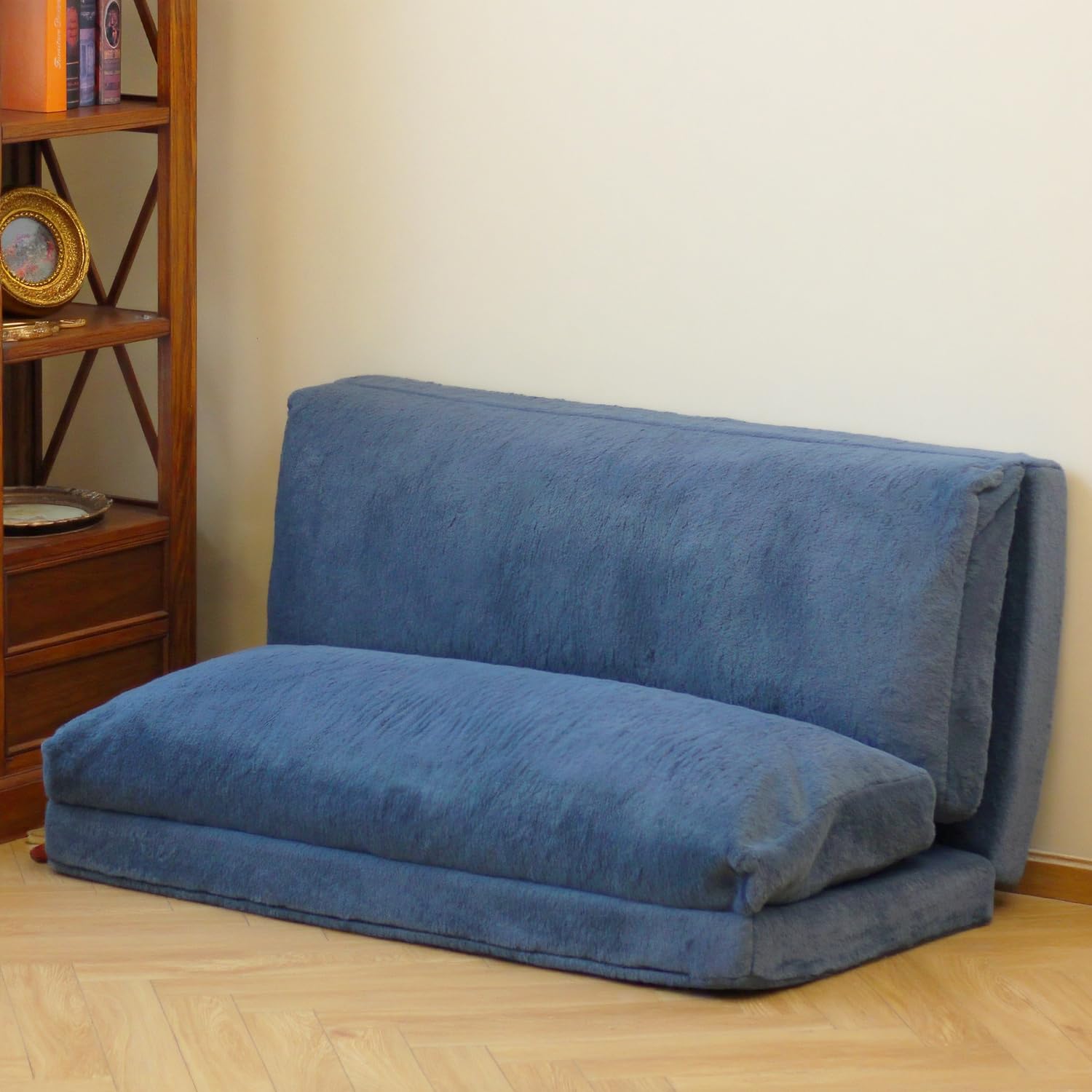 N&V Folding Matress Sofa Bean Bag Bed, Foam Filling Folding Matress Sofa, Includes Removable and Machine Washable Cover, Soft Premium Faux Fur (Large, Blue)